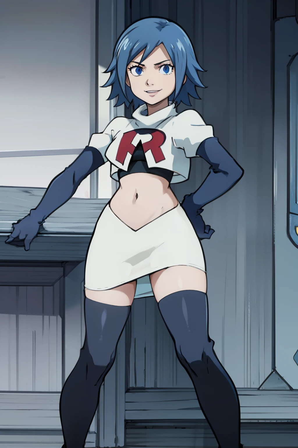 JUVIAJFT ,team rocket uniform, red letter R, white skirt,white crop top,black thigh-highs,black elbow gloves, smile, blue eyes, cowboy shot, posing