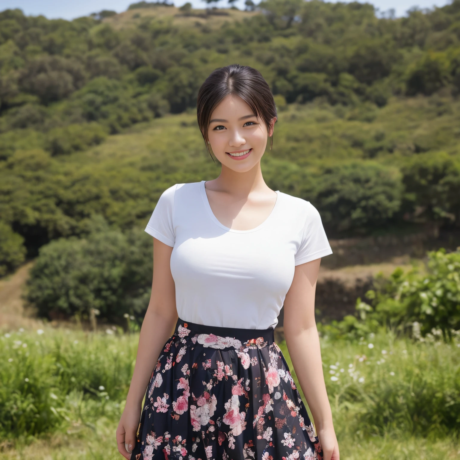 ((top-quality、masutepiece、8K、Top image quality、SFW))、((Beauty 1 person、World heritage site on the background of a beautiful woman standing、Photo from the waist up、see-through T-shirt、Floral skirt))、The most beautiful scenery in the background、Superb view、World Heritage Site、World Heritage Site in the background、Detailed world heritage sites in the background、travel the world、smile looking at me、large full breasts