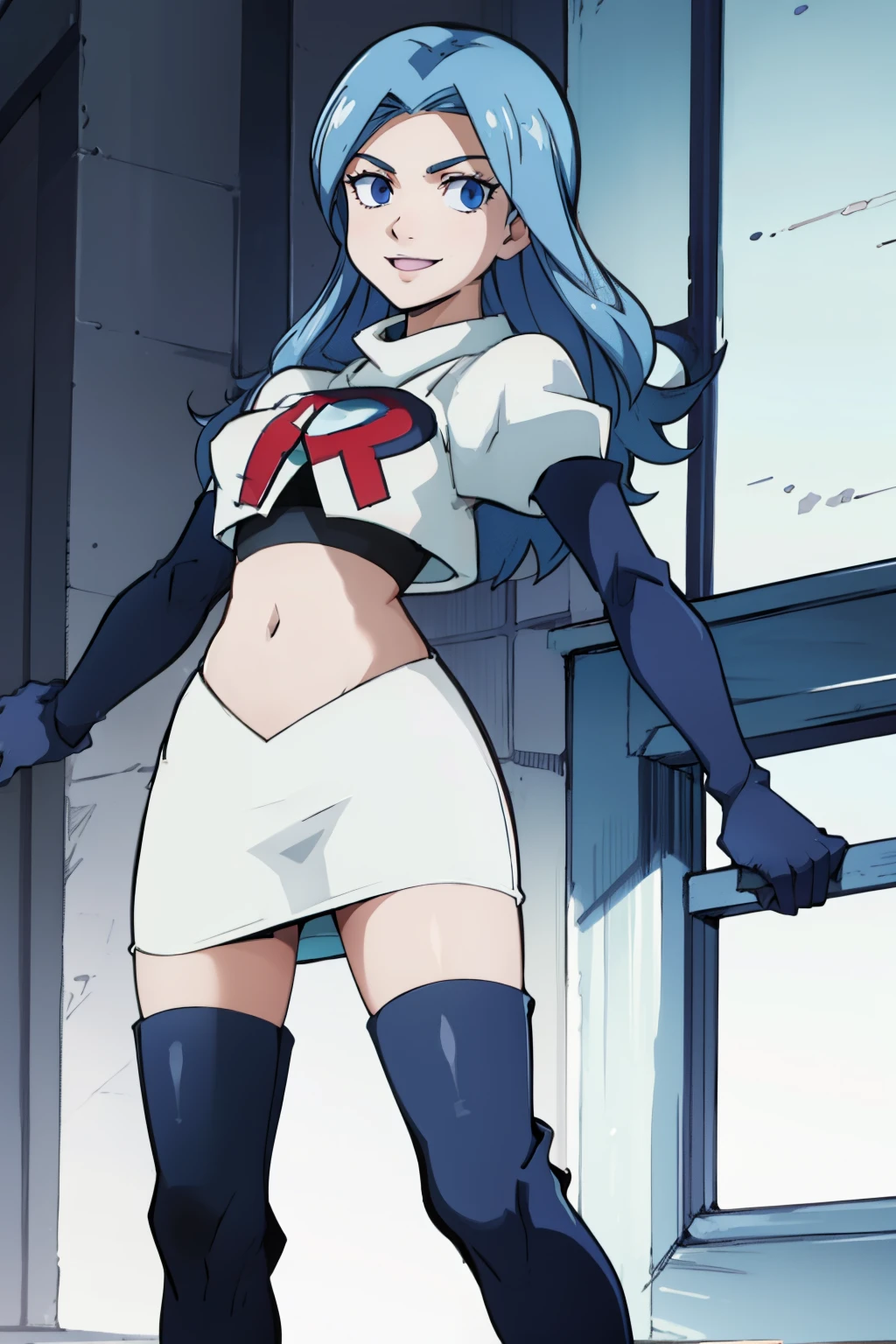 JUVIALS ,team rocket uniform, red letter R, white skirt,white crop top,black thigh-highs,black elbow gloves, smile, blue eyes, cowboy shot, posing