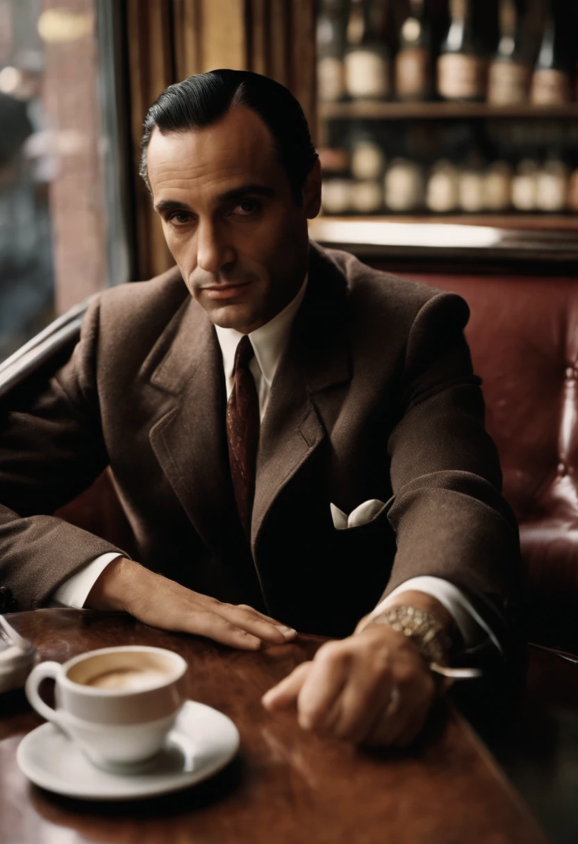 A photo of Fredo sitting in a cozy coffee shop, staring wistfully out the window as he sips his latte.,The Godfather series,Fredo Corleone, a character from “The Godfather” series, portrayed by John Cazale, has a less imposing presence compared to other members of the Corleone family. He often appears slightly disheveled, with a softer, less confident demeanor. Fredo’s style is somewhat conservative, typically dressed in suits that are less refined than those of his brothers, underscoring his secondary status in the family hierarchy.