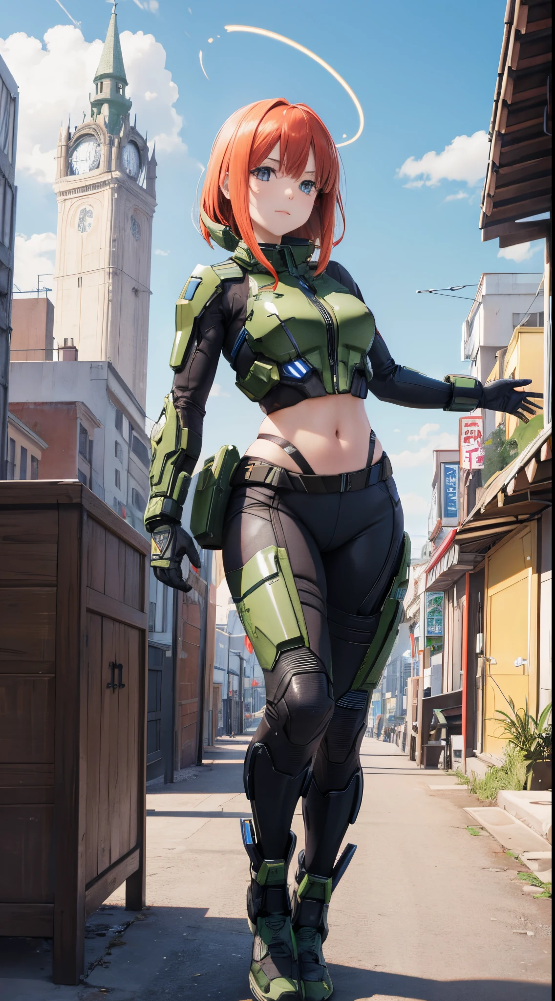 Nino Nakano,manos detalladas,Pose sexy,armadura de halo infinite spartan,ciudad destruida