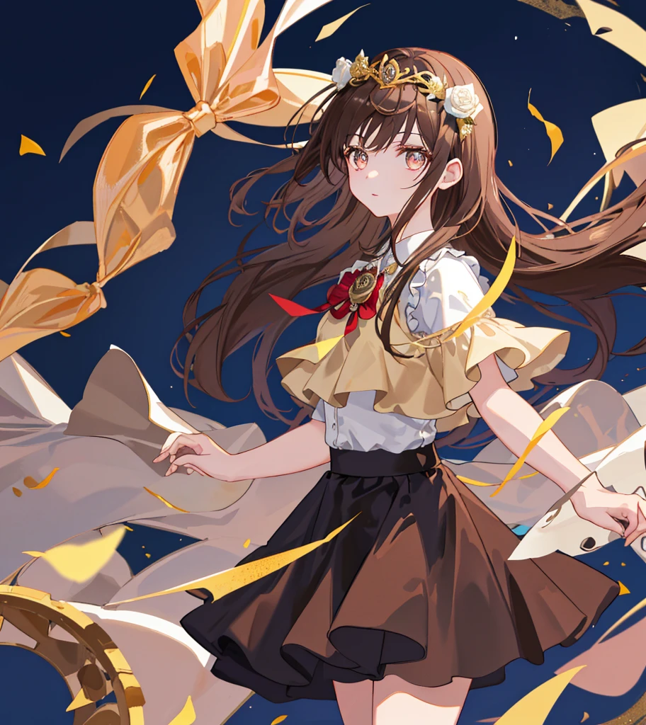 qualidade de obra-prima,Best quality assurance。Brown hair、cute female child,gold eyes。she looks very arrogant,Wearing a short Gothic skirt,glowing with magic,With rose headdress,british style top,long hair floating in the wind