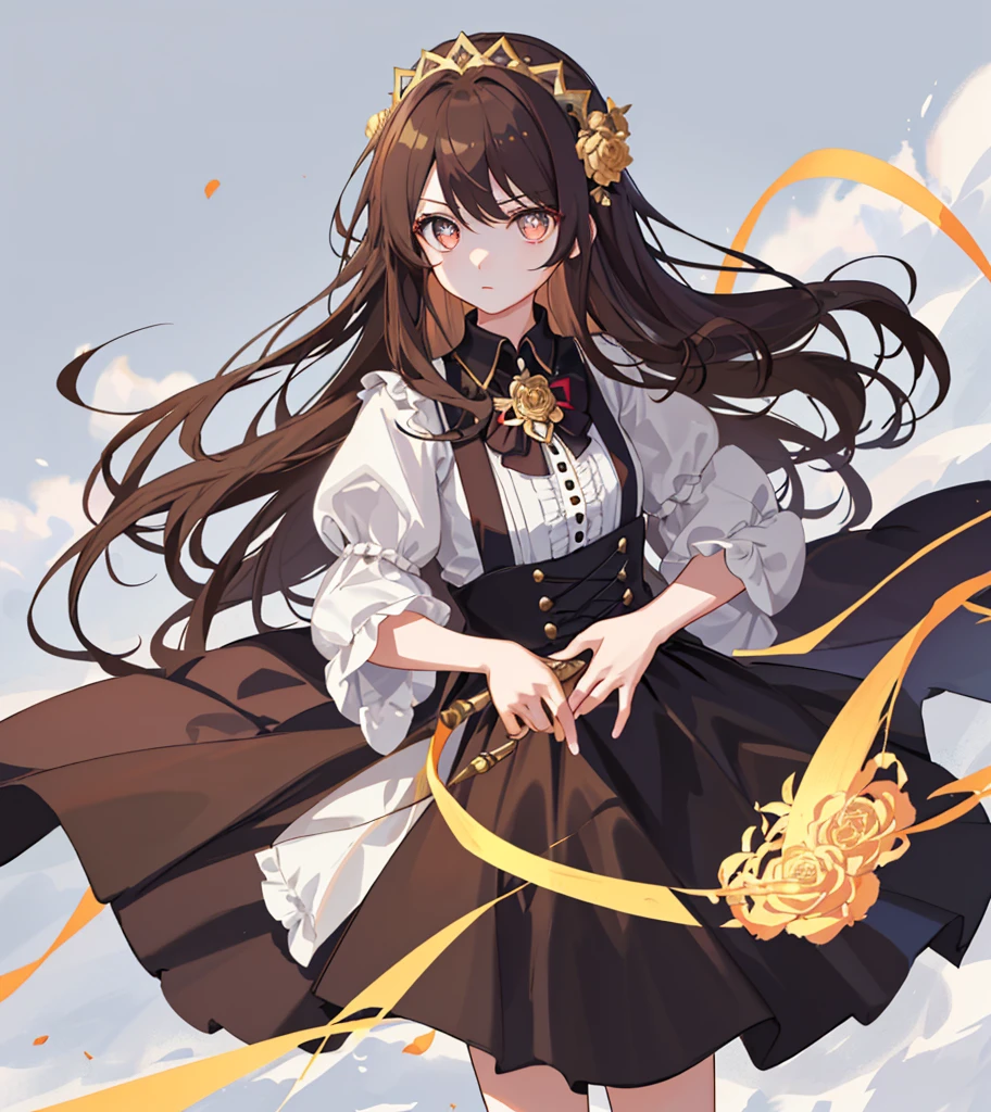 qualidade de obra-prima，Best quality assurance。Brown hair、cute female child，gold eyes。she looks very arrogant，Wearing a short Gothic skirt，glowing with magic，With rose headdress，british style top，long hair floating in the wind