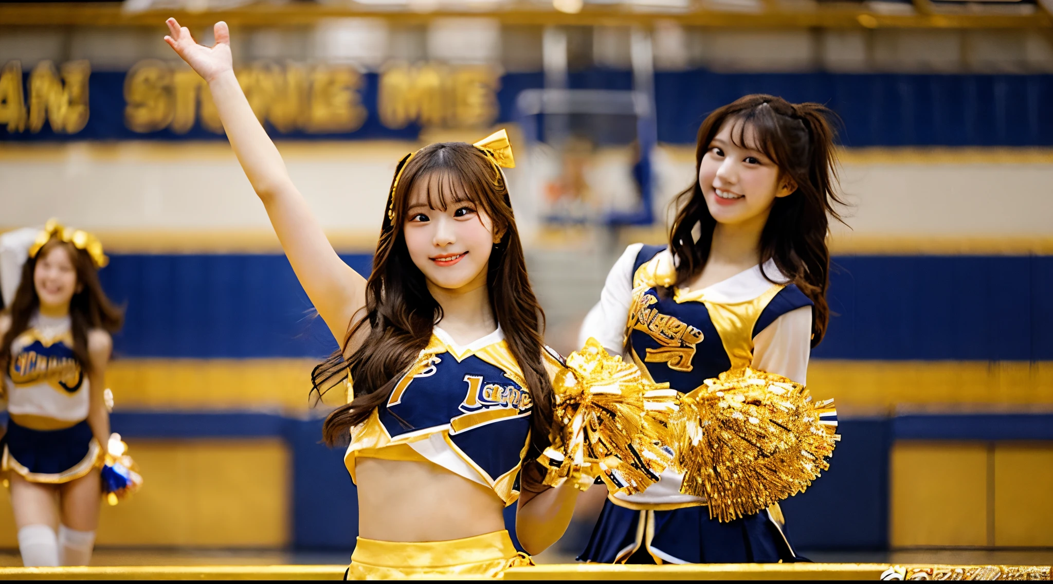 Cute cheerleader 18 years old wearing a golden miniskirt