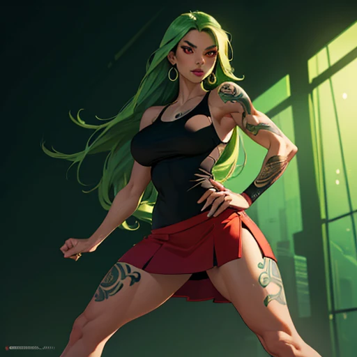 (best quality, highres, ultra-detailed, realistic: 1.37), vivid colors, sharp focus, green long hair, red eyes, provocative poses, dominant, tight tank top, tight skirt, slim body, exaggerated proportions [woman], vibrant background, dynamic lighting, 1 girl, standing, leg tattoo, arm tattoo, big breasts, up skirt