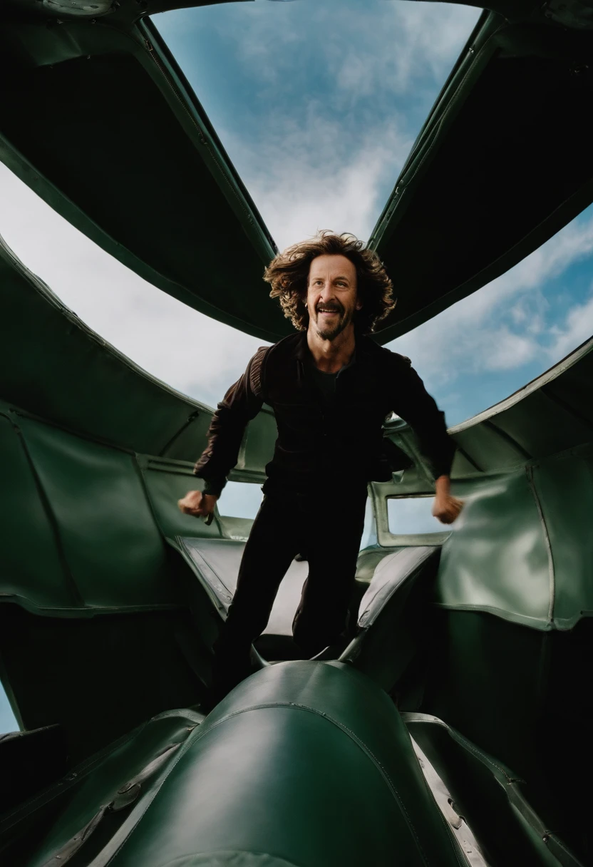 A photo of Sirius skydiving from a plane, looking exhilarated and reckless,Harry Potter and the Prisoner of Azkaban,Sirius Black is tall, with shaggy curly brown hair, has a goatee. Has tattoos over his body. Famously portrayed by Gary Oldman