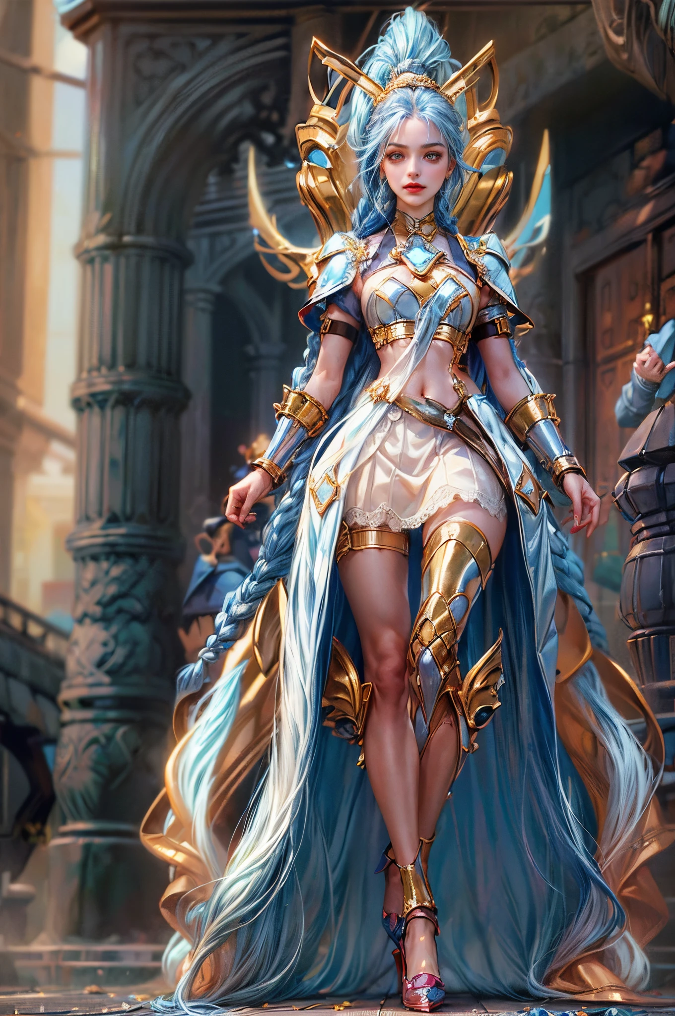 Wearing blue future technology titanium alloy dress armor: 1.5，head to toe，Wearing white crystal plastic high heels，standing on your feet)，((Battle Angel White ****ta Armor)),