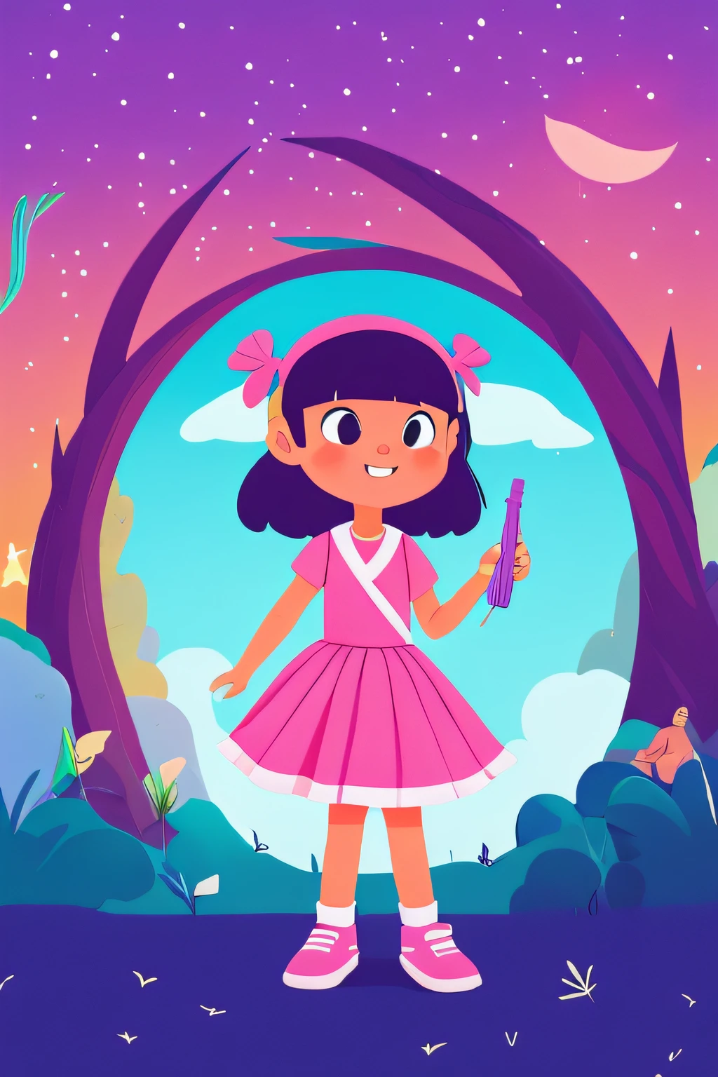 1 girl, cartoon girl, cartoon style, solo, ponytail hair style, pink dress, standing, holding telescope, looking to the sky, full body, big head, colorful, flat color, white background, simple background