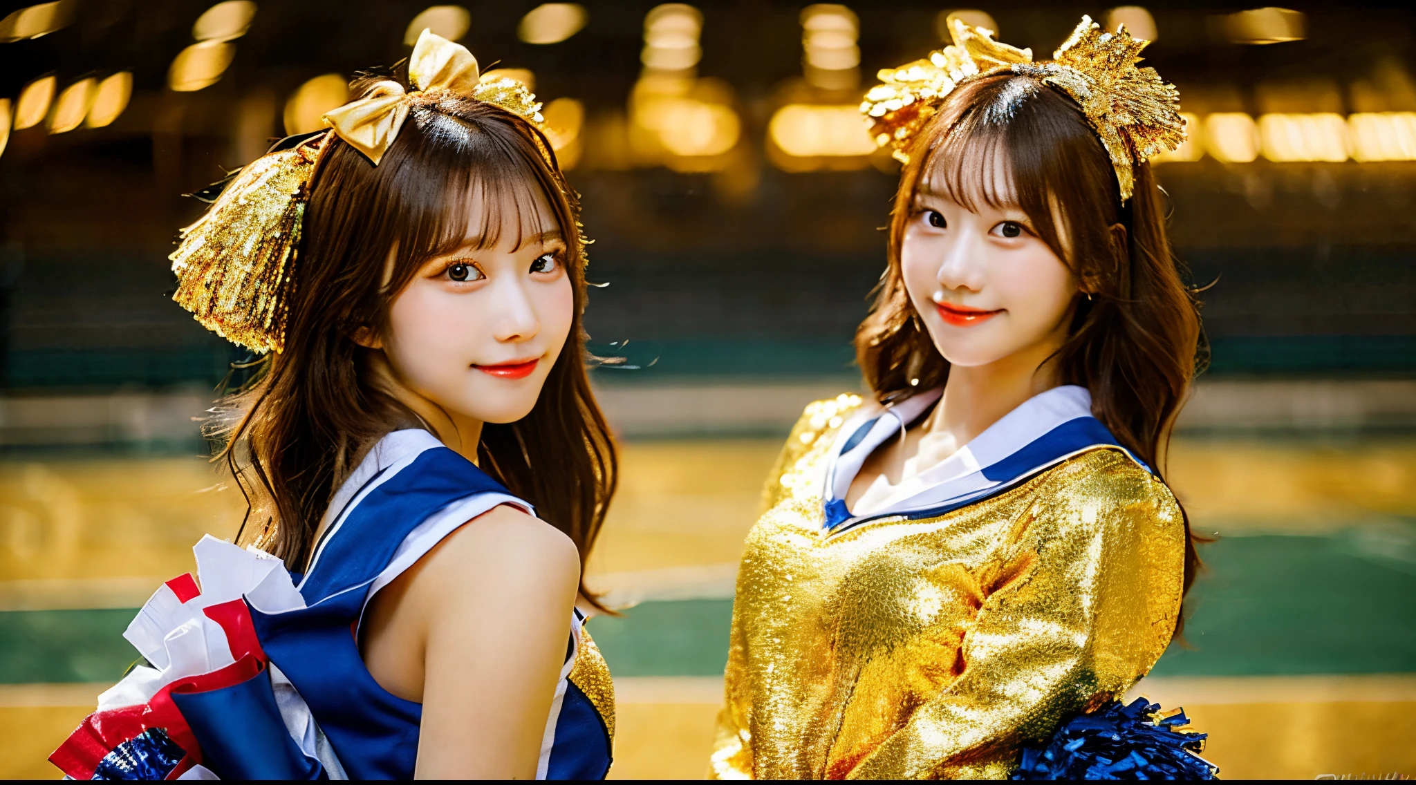 Cute cheerleader 18 years old wearing a golden miniskirt