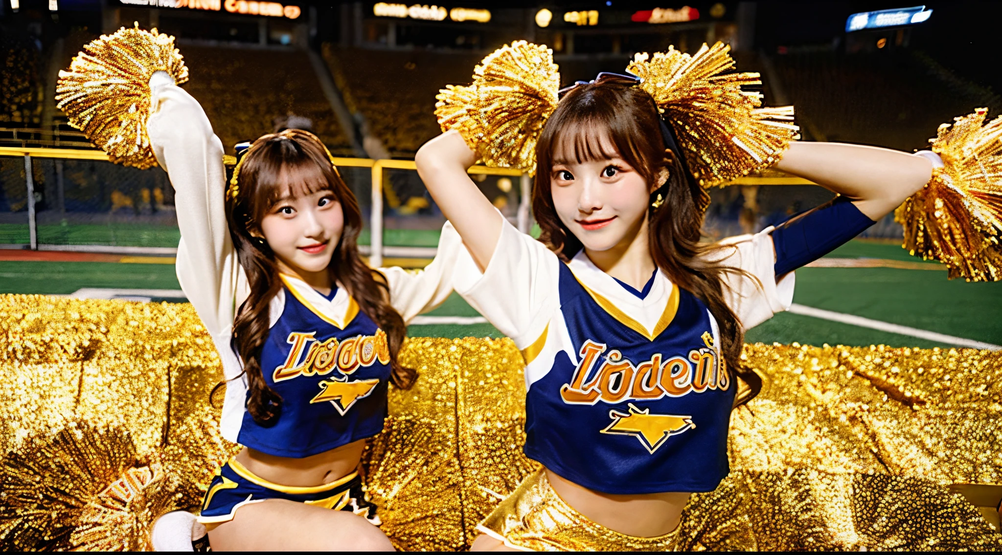 Cute cheerleader 18 years old wearing a golden miniskirt