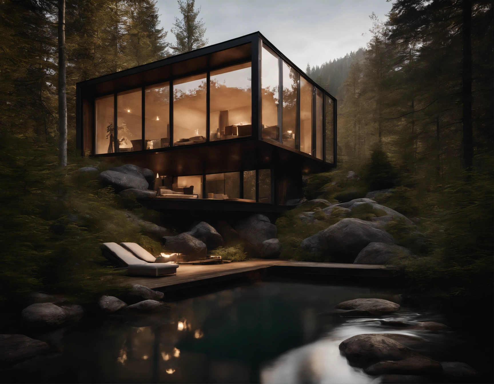 Exterior image of a tiny house duplex house in a Scandinavian nature, standing wood panel, avantgarde, waterfall, panorama glass windows, forests, waterfall inside atrium, rocks, natural pond of water, inspired bu architect Zaha Hadid