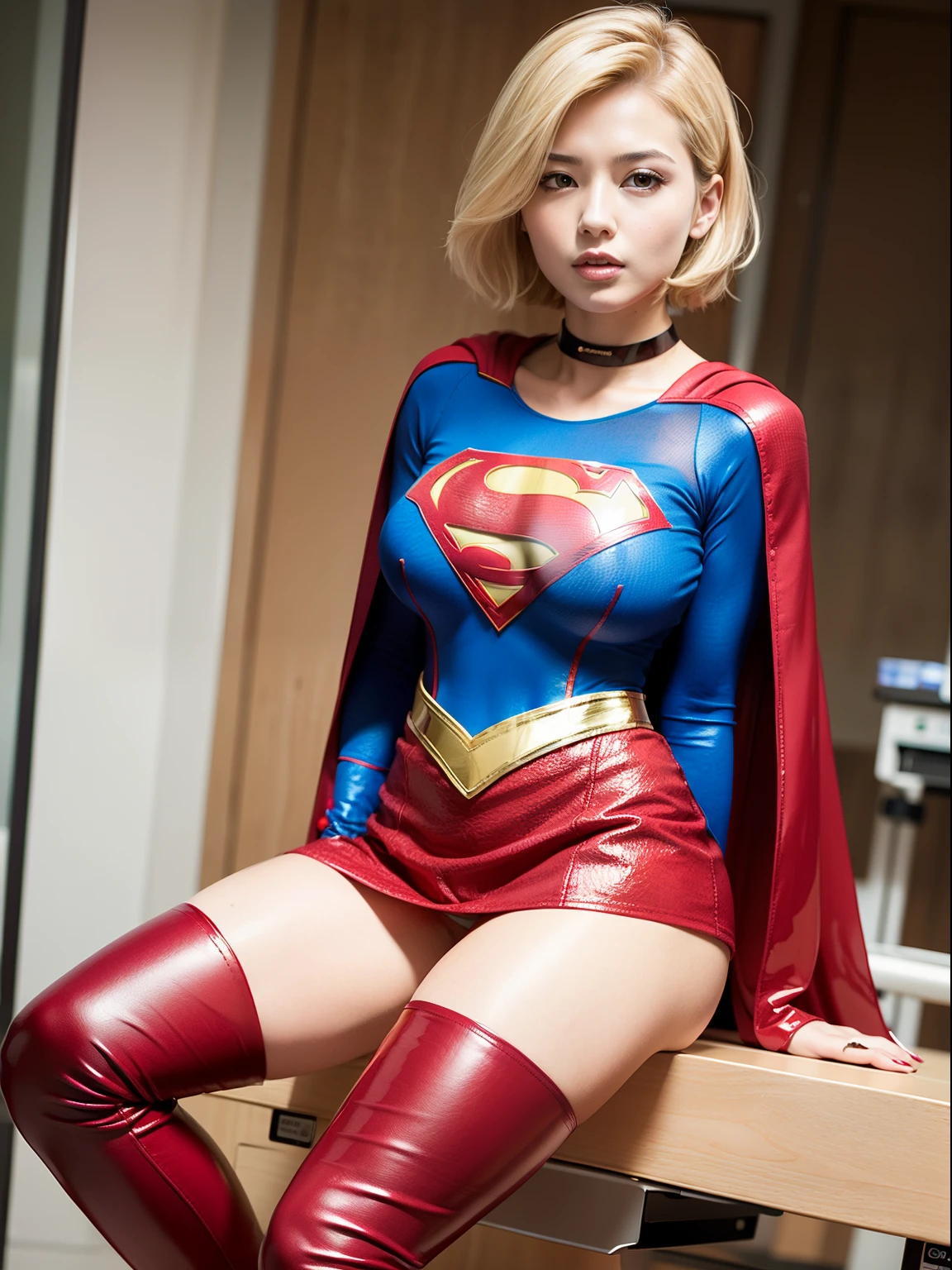 masterpiece,Short-haired supergirl spreading her thighs on a hospital operating table、large full breasts、Looking at the camera、Glossy enamel costume、Glossy red enamel long boots、Shiny red skirt、a choker、Glimpse、Fluttering cloak、seduces、sexypose、shame、Insults、insult、cum on、Fayue、ecstacy、radical、Stimulating、