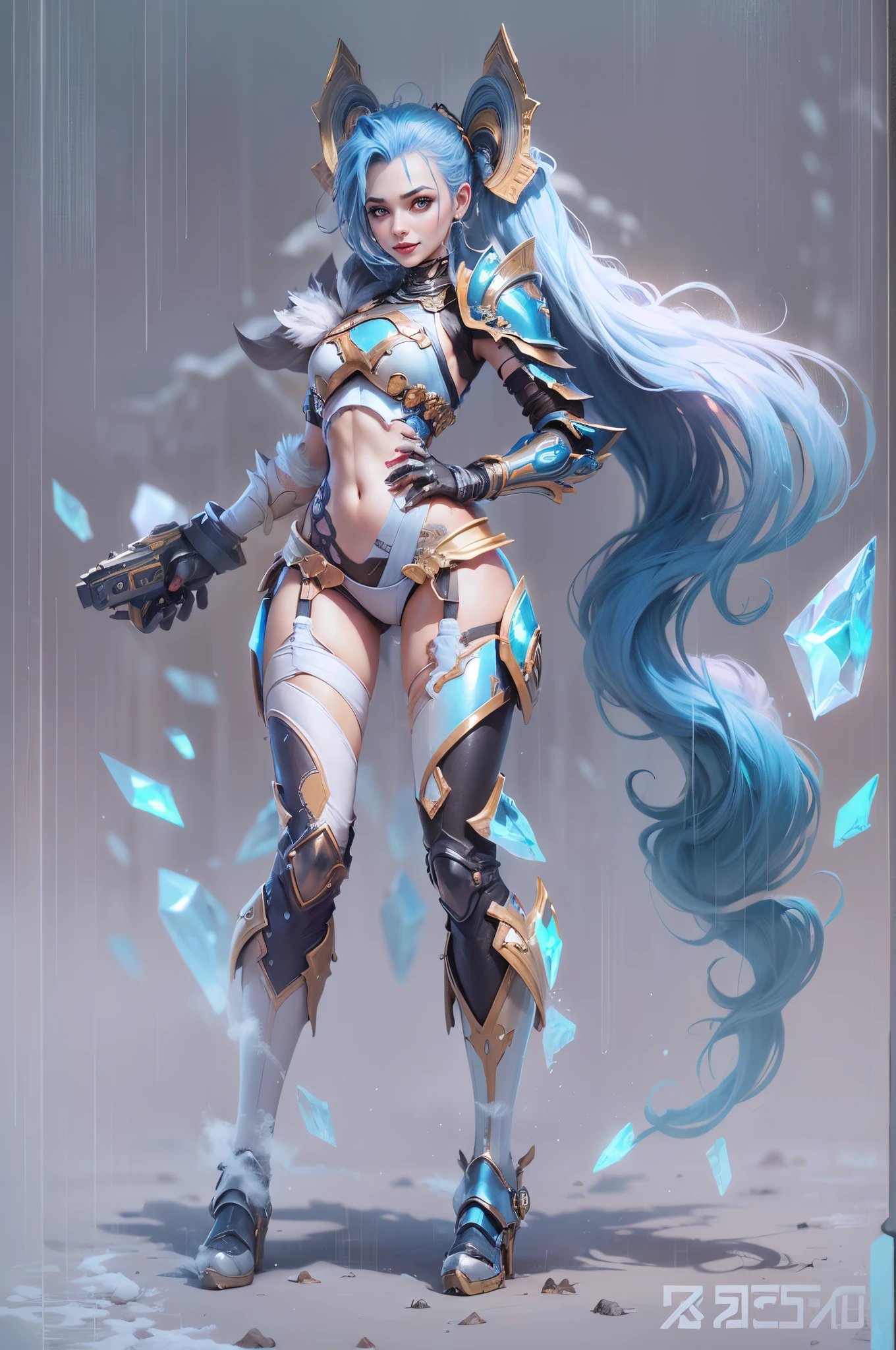 jinxlol, (full bodyesbian, Legs and shoes are visible: 1.2)), jinx \(league of legends\), (1girl、League of Legends Jinx), ((Very long double ponytail, dark-blue hair,)) Kungfu, ((Wearing golden futuristic technology titanium alloy armor: 1.5，head to toe，Crystal heels，standing on your feet))，(Handheld particle laser cannon，Revolver in hand)，((Battle Angel White Lolita Armor)), mouth open smile, Cute pose, striped lace stockings, (Heart shaped leg garters), (White mechanical armor plastic shoes: 1.2), ((Super detailed clothing and fashion)) , ((looking at you)), Aoshu crystal，Attack status，(Snowy mountain woods，surrounded by rain，League of Legends Game World)，Illustration style，The whole body is exposed to the rain for a long time，((exquisite facial features，Perfect hand features，anatomy correct，golden section of body))，martial arts style，(selective focus，full body shot of，tmasterpiece，ultra - detailed，Epic work，highest  quality，8k、in a panoramic view、first person perspective、Atmospheric perspective、UHD、tmasterpiece、acurate、anatomy correct、textureskin、high detal、Award-Awarded、best qualtiy)、gaming character、jinxlol