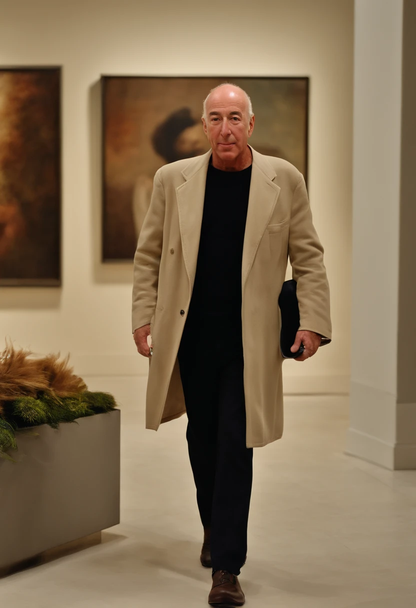 A photo of David Geffen taking a leisurely stroll through a contemporary art gallery,original,In terms of appearance, Geffen is typically seen in smart-casual attire, projecting a professional yet approachable image befitting his status as a media mogul. With a clean-shaven face, neatly trimmed hair, and a composed demeanor, he conveys a sense of quiet confidence and understated elegance.