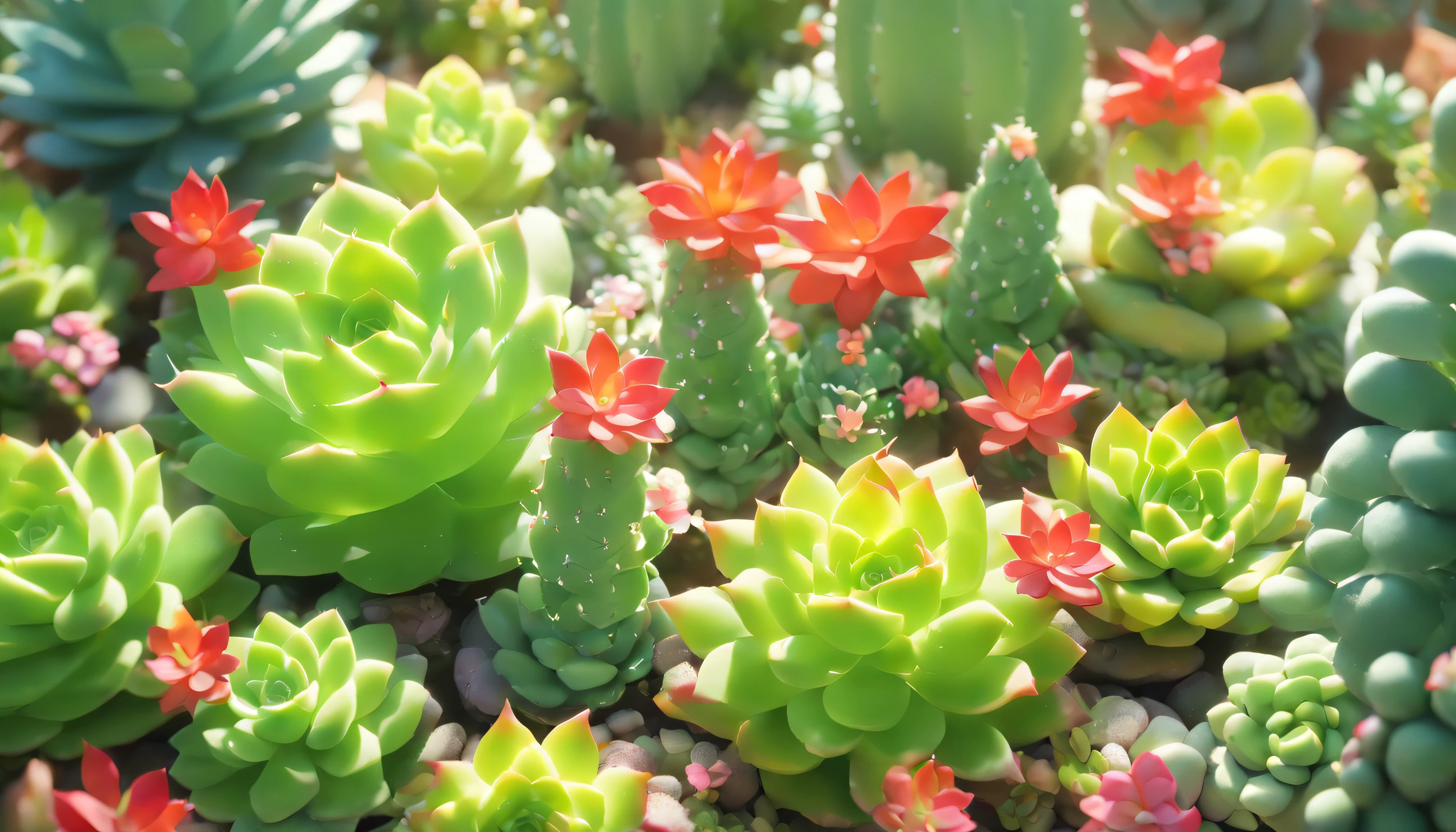 Succulents、potted plant、glasshouse、wide variety of succulents、Beautiful, large flowers bloom on a succulent plant that resembles a cactus.、Botanical Garden、best composition、masutepiece、Photorealsitic、ultra-detailliert