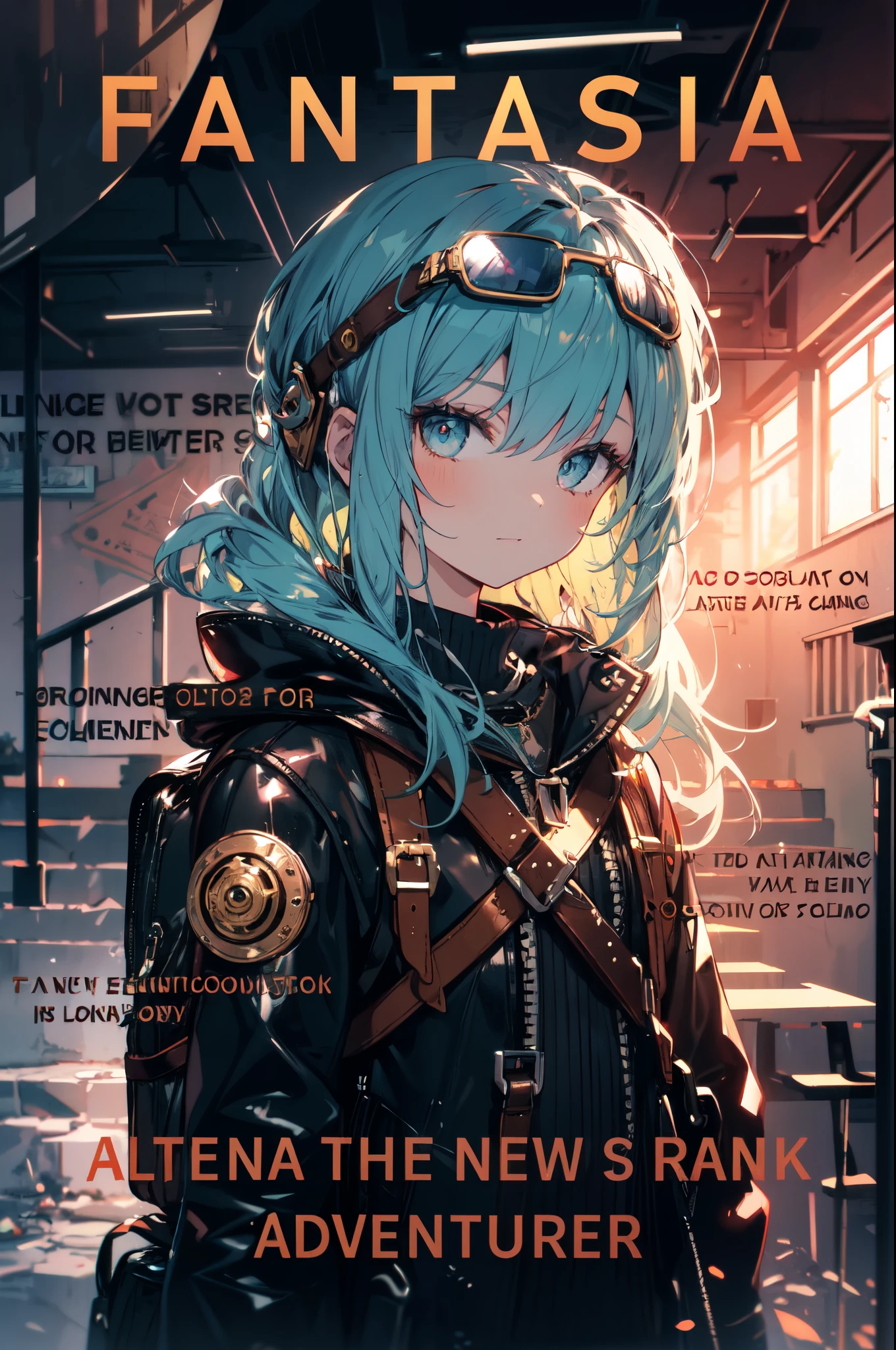 masterpiece, concept art, concept art, portrait, 1girl, white long hair, bunny explorer, googles on head, leather outfit, steampunk theme, small backpack, ancient steampunk ruins, vibrant color, cinematic lighting, epic composition, epic proportion, HD