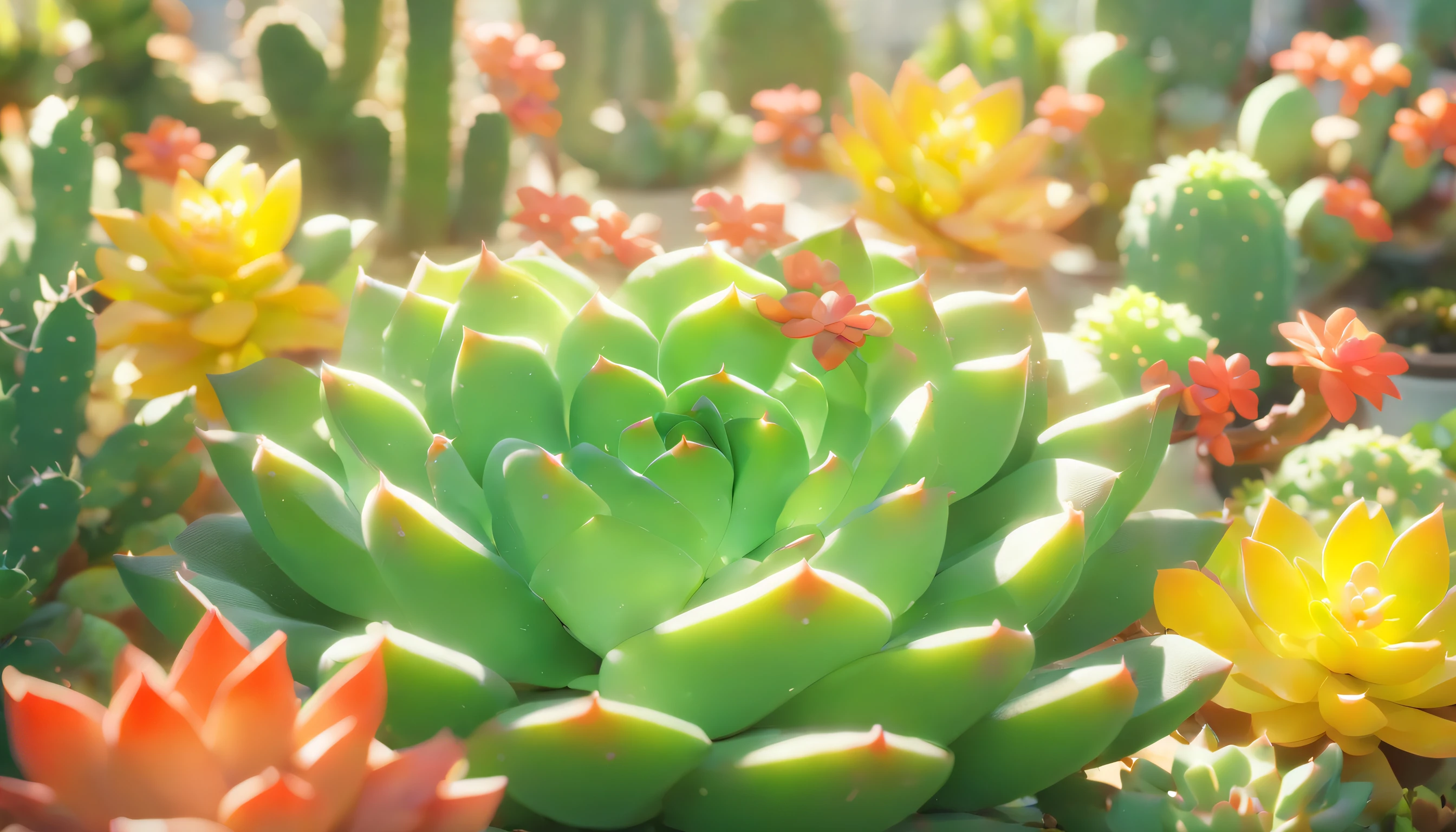 Succulents、potted plant、glasshouse、wide variety of succulents、Beautiful, large flowers bloom on a succulent plant that resembles a cactus.、Botanical Garden、best composition、masutepiece、Photorealsitic、ultra-detailliert
