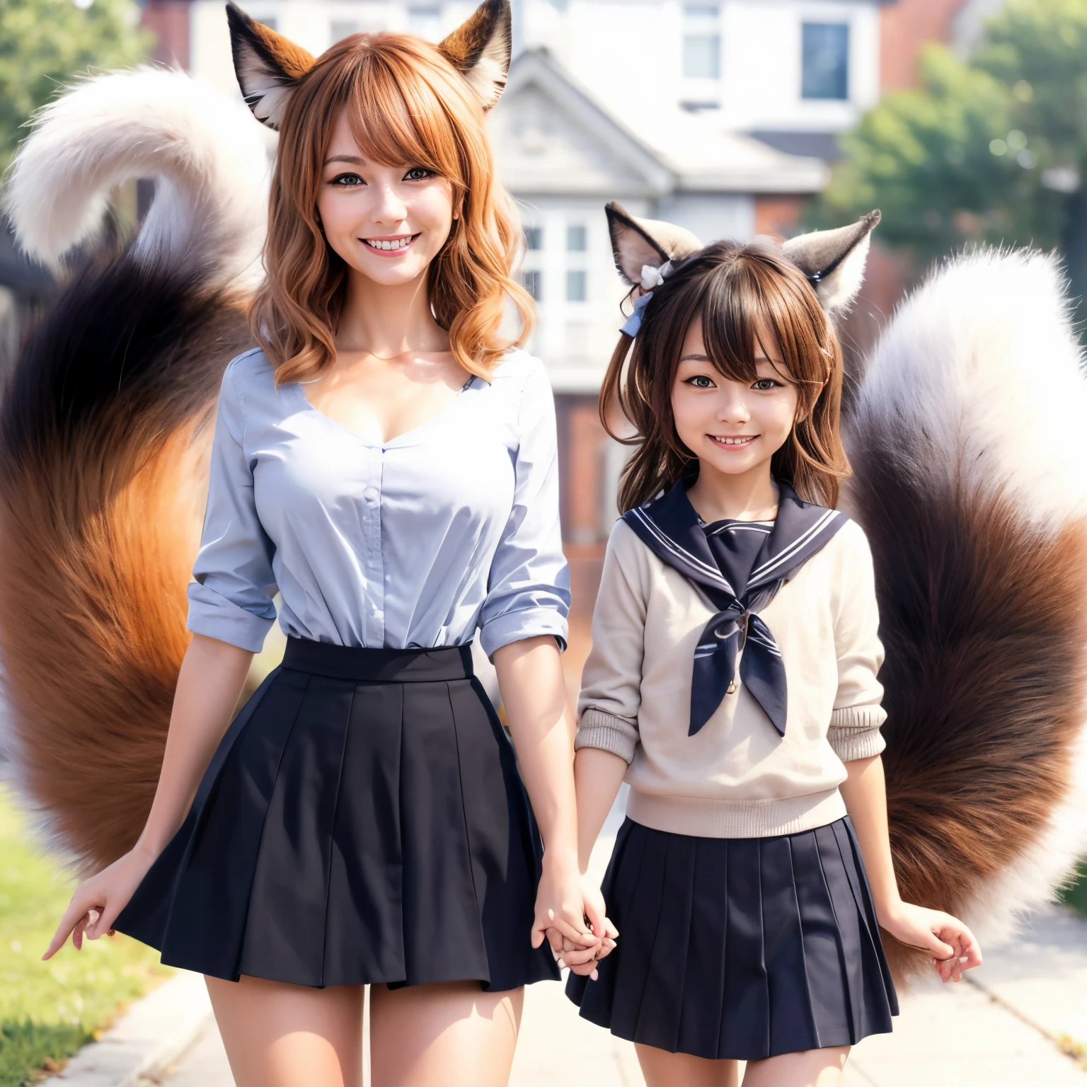 mother and daughter walking on the sidewalk, female furry mini cute style, Bushy tail, small tits, a picture, top-quality, A smile, real picture