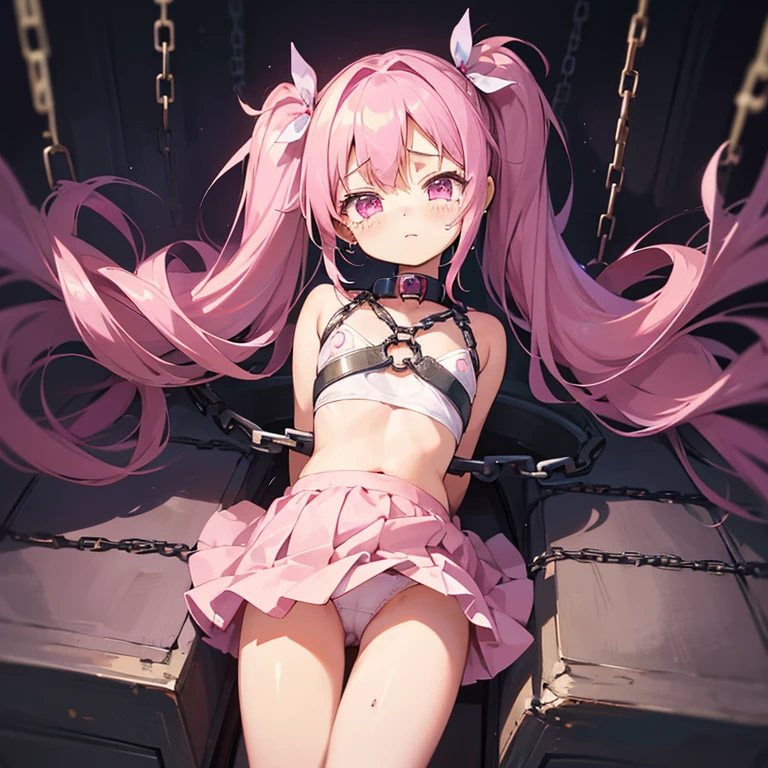 Beautiful illustration, Best Quality, (cute petit girl:1.3)、 (underground room), flat chest、Beautiful thighs、,Beautiful pink eyes,Hook to the collar、Lori。Pink twin tails、is crying、Vibrator switch on thigh。Very short miniskirt、Panchira、White underwear underneath、restrained by chains
