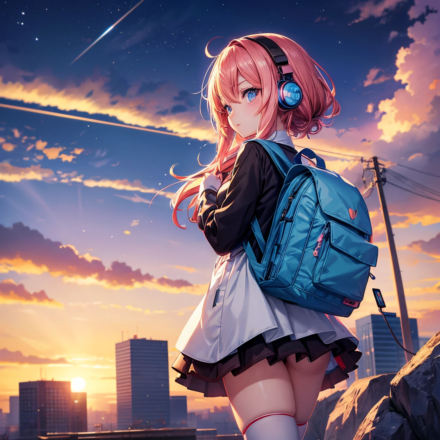 Anime girl with headphones and backpack looking at mobile phone, anime style 4 k, alice x. zhang, digital anime art, nightcore, digital anime illustration, digital art in anime style, anime art wallpaper 4k, anime art wallpaper 4k, anime art style, anime digital art, anime style artwork, Anime style. 8K, Detailed Digital Anime Art