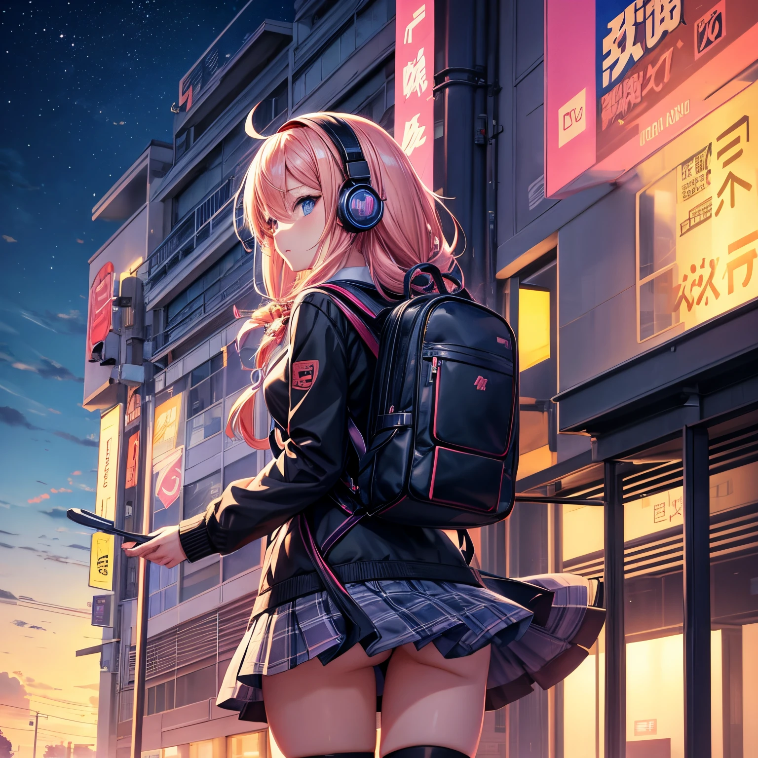 Anime girl with headphones and backpack walking down the street - SeaArt AI