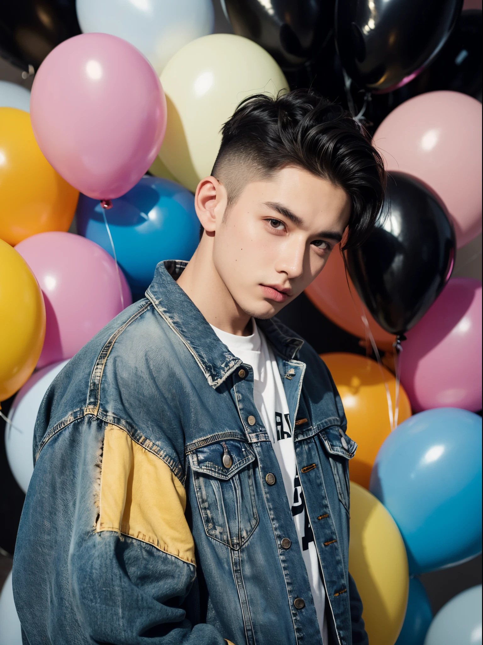 male, 20 year old boy, black eyes, slick back, denim jacket, half body photo, head facing the camera, colorful balloons in the background, street