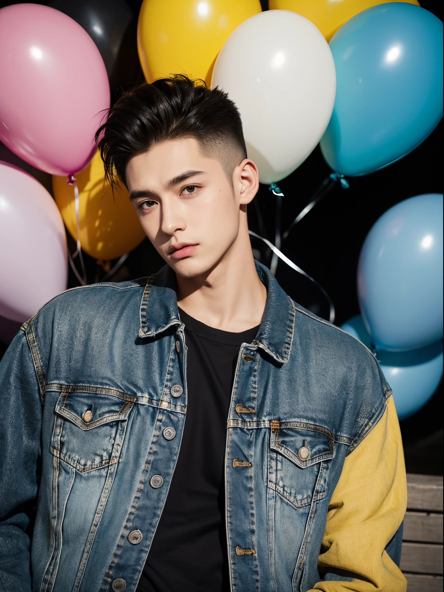 male, 20 year old boy, black eyes, slick back, denim jacket, half body photo, head facing the camera, colorful balloons in the background, street