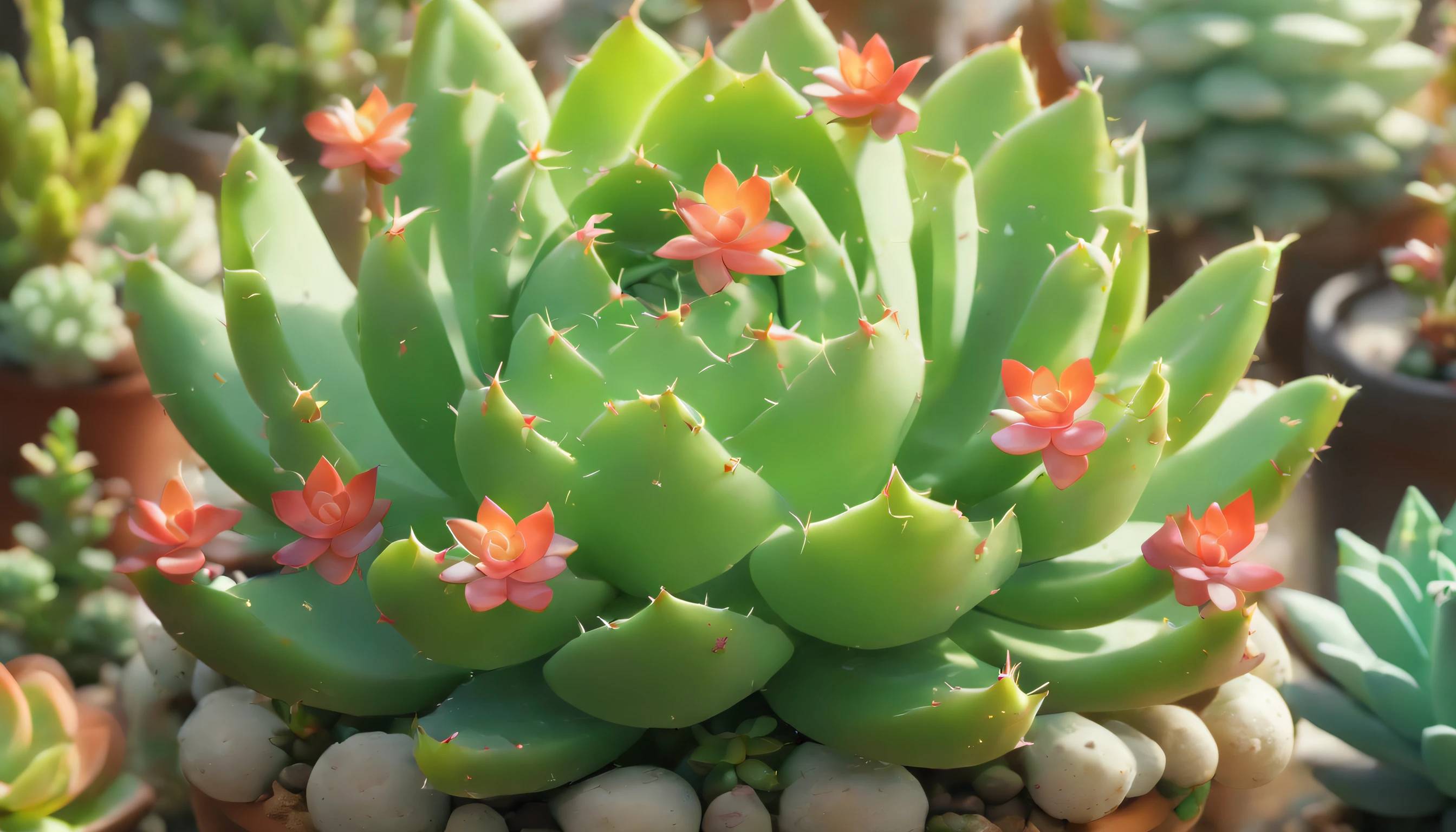 Succulents、potted plant、glasshouse、wide variety of succulents、Beautiful, Large flowers bloom on a succulent plant that resembles a cactus..、Botanical Garden、best composition、masutepiece、Photorealsitic、ultra-detailliert