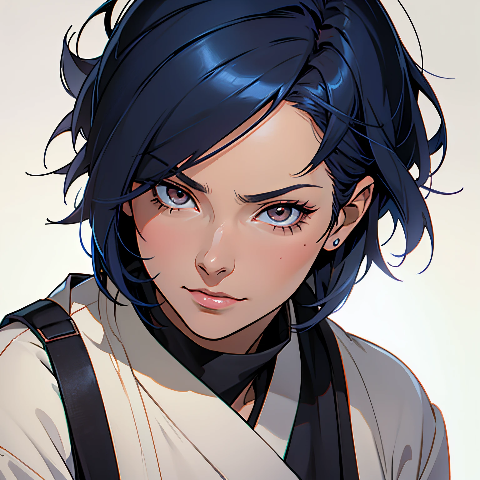 anime image of an mature woman with dark blue hair and dark brown eyes, short bob cut hair, many wrinkles, in her fifties, 1woman, solo woman, anime beautiful woman, female anime character, head shot, close up shot, simple background, ninja clothing, japanese clothing, dark clothing