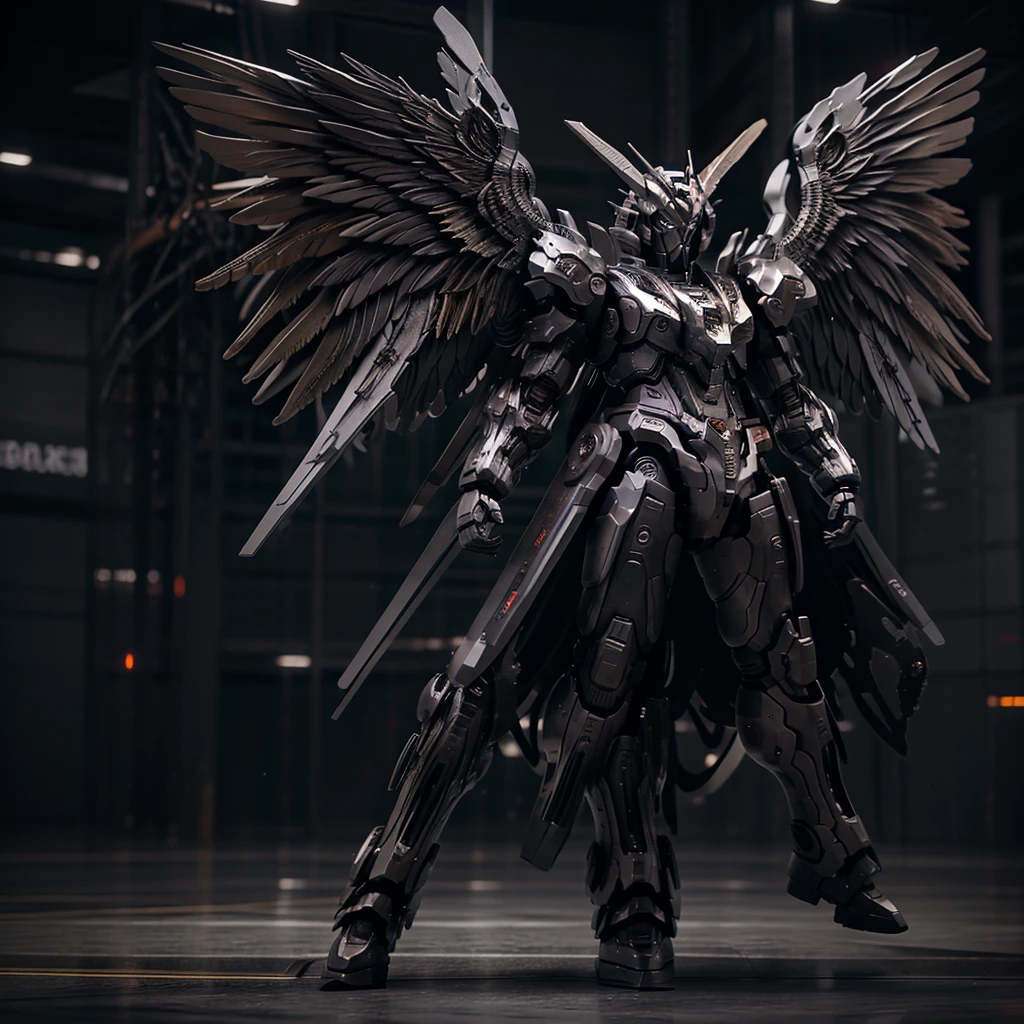 Gundam, wings flared out, heroic stance, dark color scheme