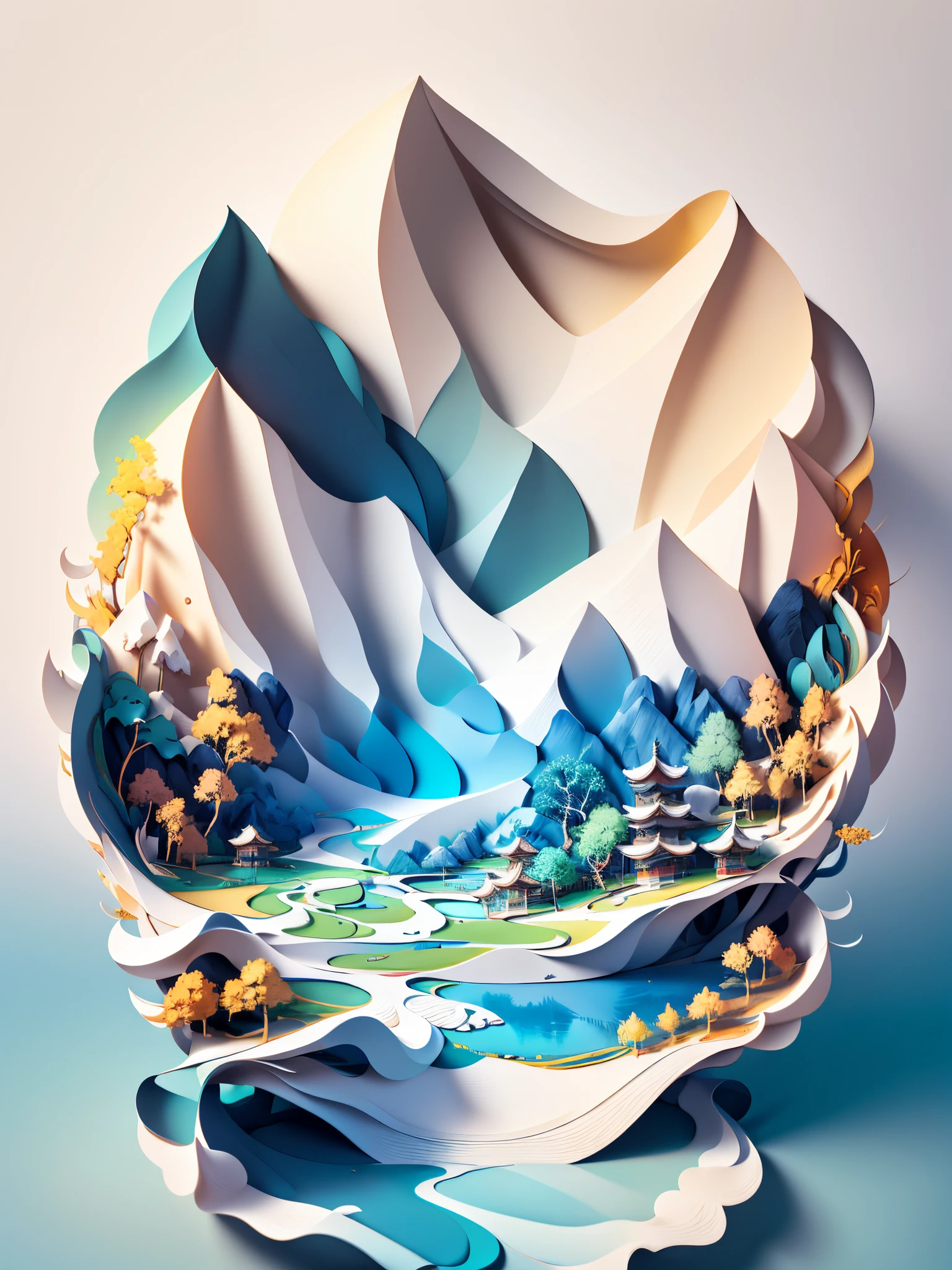 Traditional Chinese landscape painting, paper creation, 3D stereoscopic rendering, color gradient from white to light blue, 4K resolution, simple and natural composition, :white background, fresh and vulgar style. (:nature:)