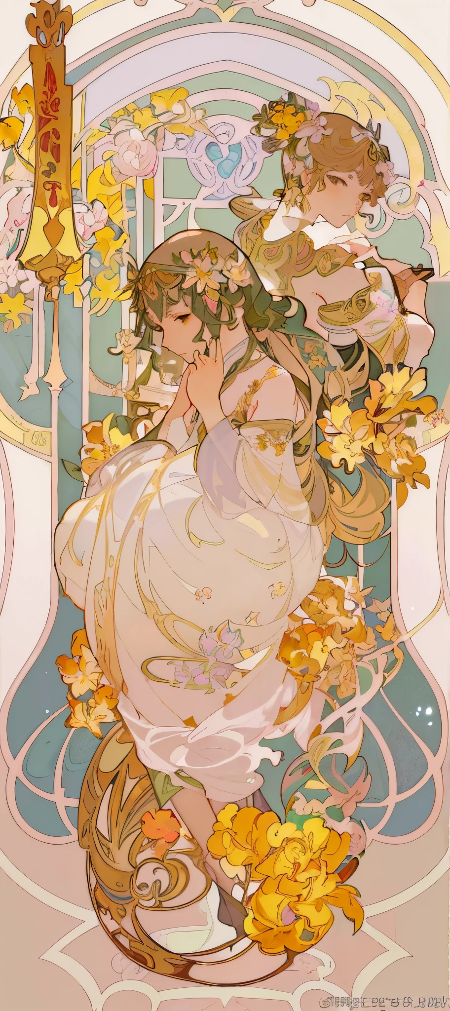 a painting of a woman sitting on a chair with flowers, anime art nouveau, alphonse mucha and rossdraws, alphonse mucha style, korean art nouveau anime, flat shading mucha, in style of alphonse mucha, demura and alphonse mucha, anime art nouveau cosmic display, inspired by Alfonse Mucha, mucha style, flat cel shading mucha