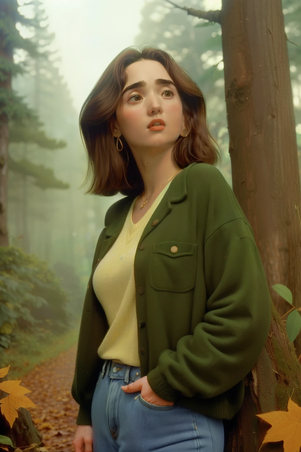 1998, Berkshire County, Massachusetts. Pre-raphaelite ((((46-year-old)) Jennifer Connelly)), forest, autumn, heart-shaped stone, ((((casual clothing from the 1990s)))), ((( short hairstyle of the 1990s))), ((Wes Anderson cinematic style)), colorful