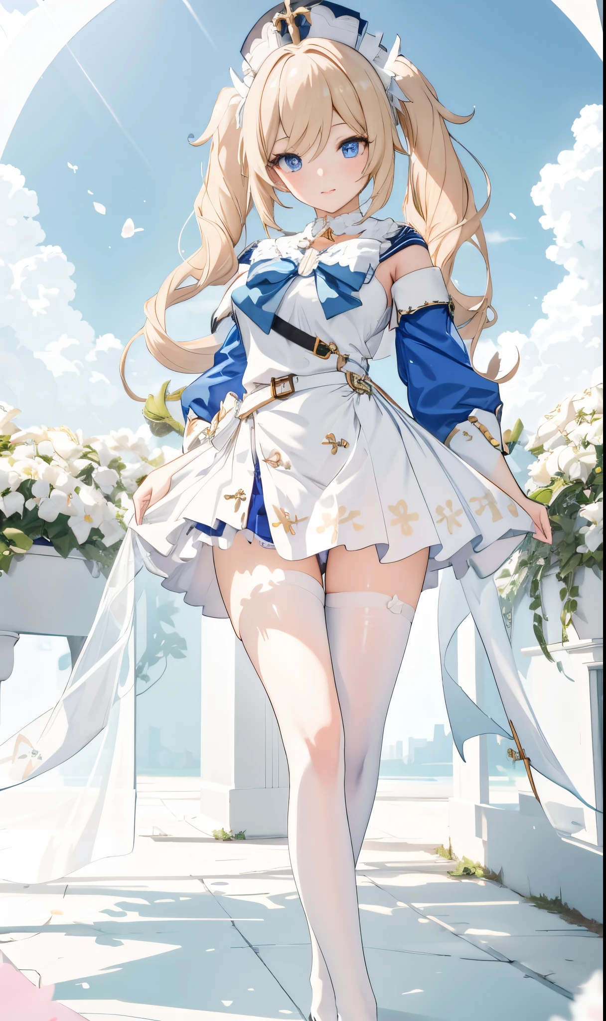 tmasterpiece,with a pure white background,8K art photography, realism concept art, Soft, Natural volume cinematic perfect light, epic, Popular topics on artstationh, a vibrant one, production cinematic character render, super high-quality model, lightand shade contrast,1girl,hat,latin cross,blonde hair, long hair,twintails,twin drills, blue eyes,bow,white dress,frilled skirt,detached sleeves,,white pantyhose,book,belt,
plumw,Cat ears,It's a perfect face,Skin glows,Beautiful flowing long hair, Large breasts,exposed bare shoulders,slim toned body,What a sexy figure,tempting pose,Tight white shirt with bow tie,legs long,