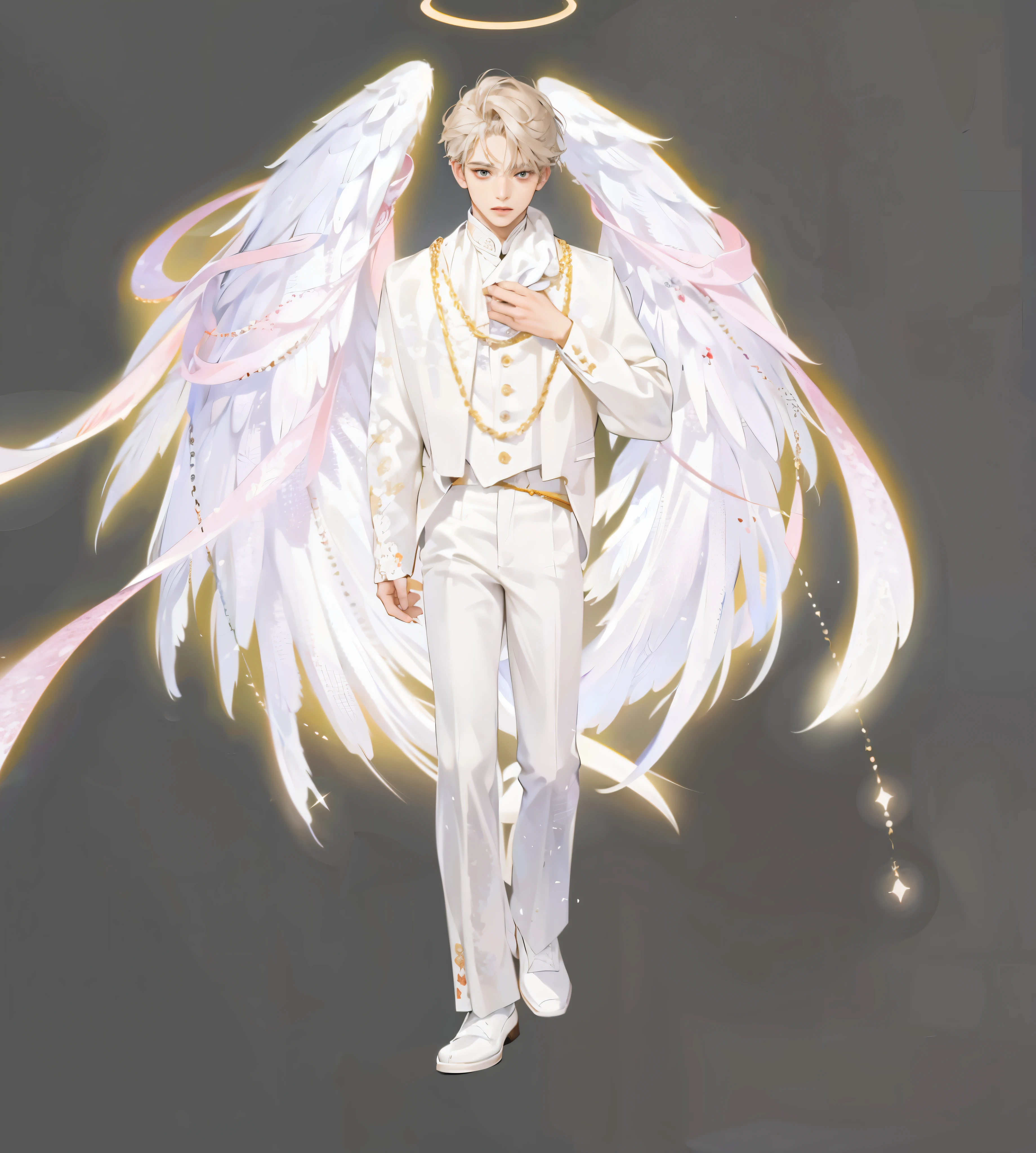 tmasterpiece,high high quality,wings,white clothes,The deities,Angelic,White leather shoes,cool guy,