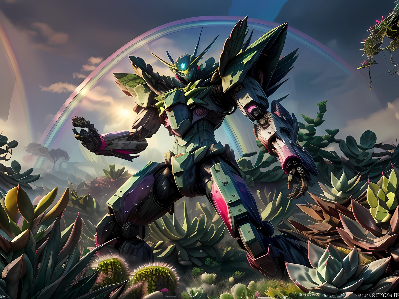 a picture of a mecha woman resting in a rainbow colored succulents meadow, full body, an exquisite beautiful (ultra detailed, Masterpiece, best quality: 1.4) female mecha woman, dynamic angle (best detailed, Masterpiece, best quality), best detailed face (best detailed, Masterpiece, best quality: 1.5), ultra feminine (best detailed, Masterpiece, best quality), red hair, long hair, braided hair, dynamic eyes color, (wearing mecha armor: 1.4), resting in (rainbow colored succulents meadow: 1.6), full colored, (perfect spectrum: 1.3),( vibrant work: 1.4) vibrant shades of red, orange, yellow, green, blue, indigo, violet  day light, sun rising,  high details, fantasy art, RPG art best quality, 16k, [ultra detailed], masterpiece, best quality, (ultra detailed), full body, ultra wide shot, photorealistic, mecha musume