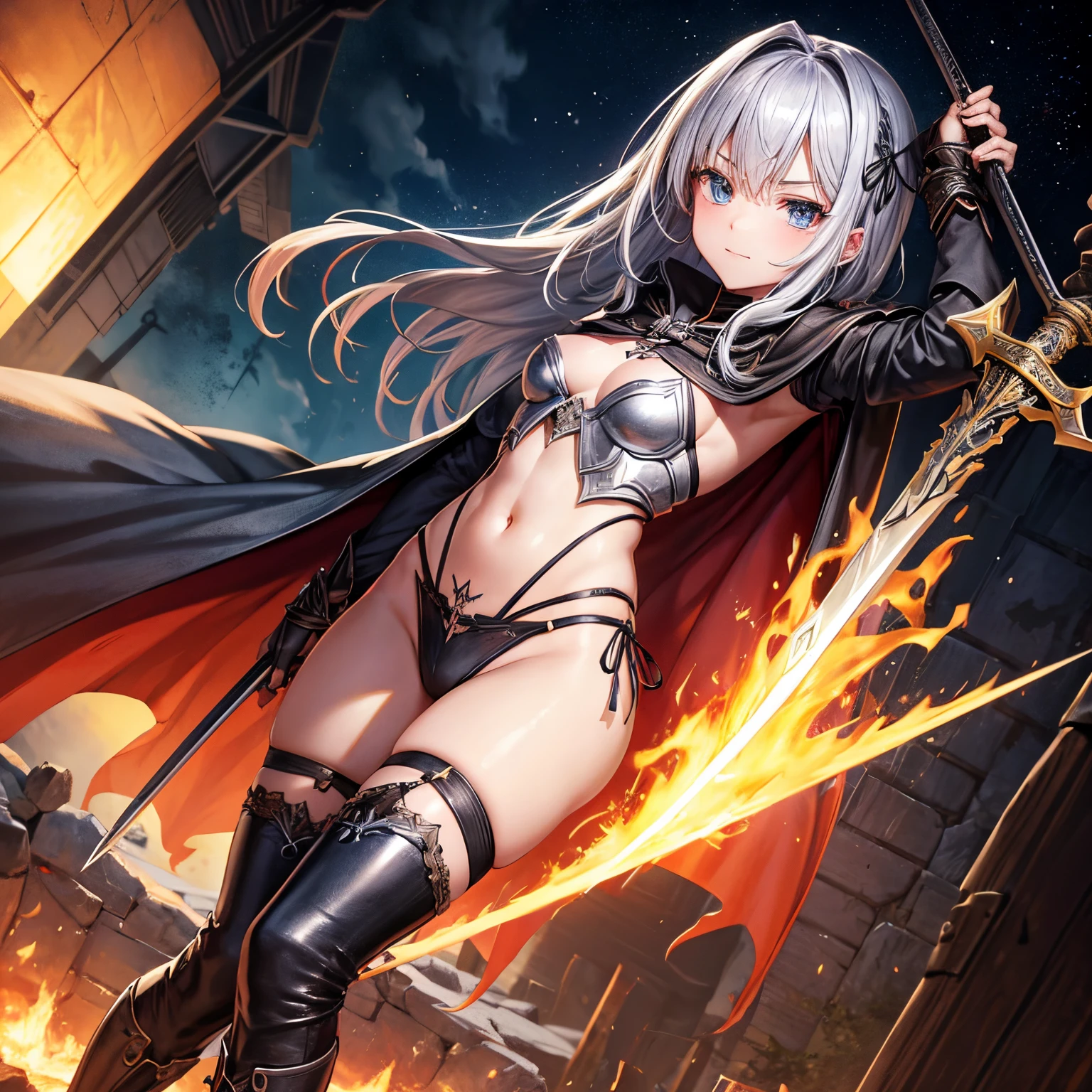 quadratic element、girl with、teen ager、s Armor、A tattered cloak and a sword in one hand、Long sword、Navel Ejection、thighs thighs thighs thighs、shinny skin、full bodyesbian、to stand、Ruins in the background、Burning flame、Fight monsters、length hair、Cute faces in anime、Viewer-facing、Soio、silber hair、Tattered cloak、Metal Boots、A black ribbon tied around one thigh