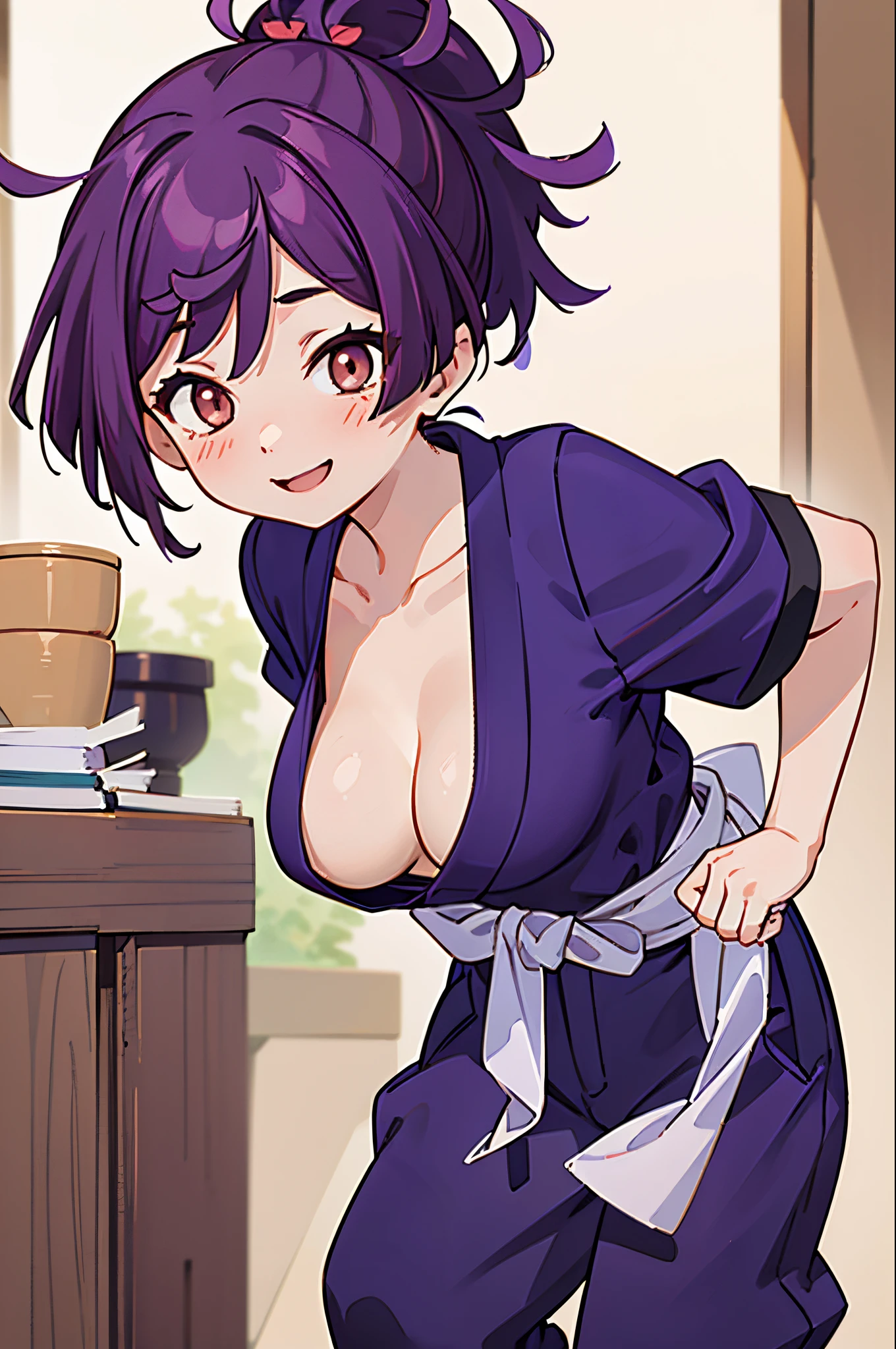 best quality, masterpiece, (leaning over:1.4), 
1girl, yuzuriha_(jigokuraku), purple hair, brown eyes, ninja, open clothes, cleavage, small breasts, topknot, medium hair, breasts apart, seductive smile, pants, undressing,  (blush:1.1),  japanese exterior, temple,