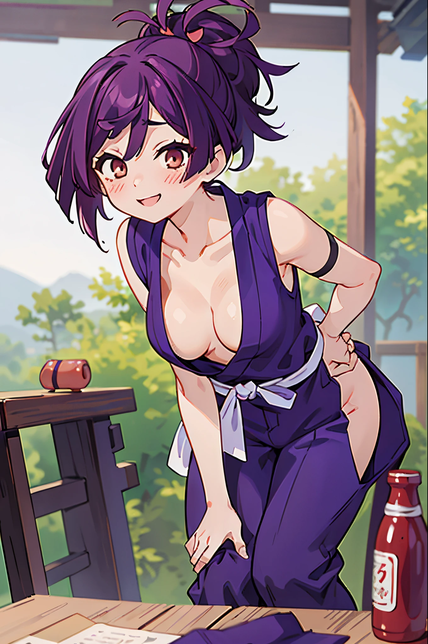 best quality, masterpiece, (leaning over:1.4),
1girl, yuzuriha_(jigokuraku), purple hair, brown eyes, ninja, open clothes, cleavage, small breasts, topknot, medium hair, breasts apart, seductive smile, pants, undressing, (blush:1.1), japanese exterior, temple,