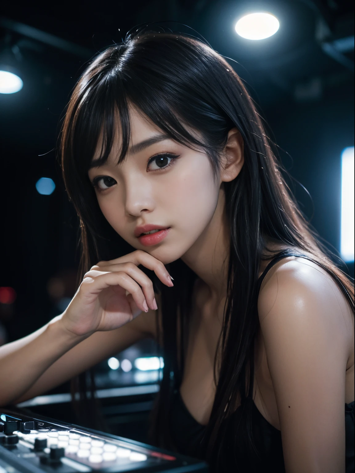 masterpiece, best quality, ultra-detailed, intricately detailed hyperdetailed, realistic, sharp features, highly detailed, sharp focus, Japanese idol, perfect face, perfect symmetrically perfect eyes, perfect full lips, flexible female form, cinematic, neon light, hyper detailed, hyper realistic, high resolution, vibrant, dynamic studio lighting, background, (long hair, straight Bangs), brown Eyes, Black knit, Portraiture,
