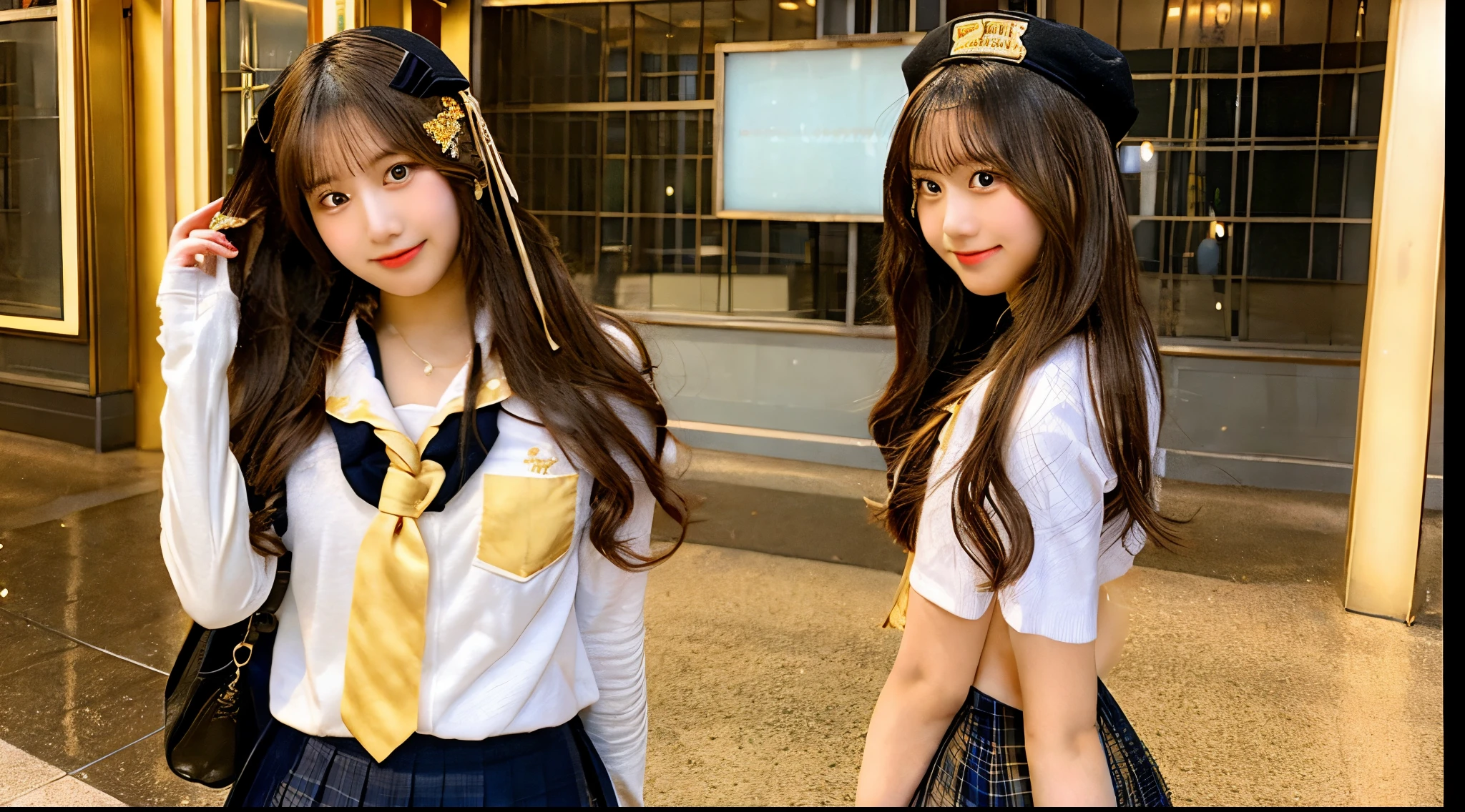 Cute high school girl 18 years old wearing a golden miniskirt