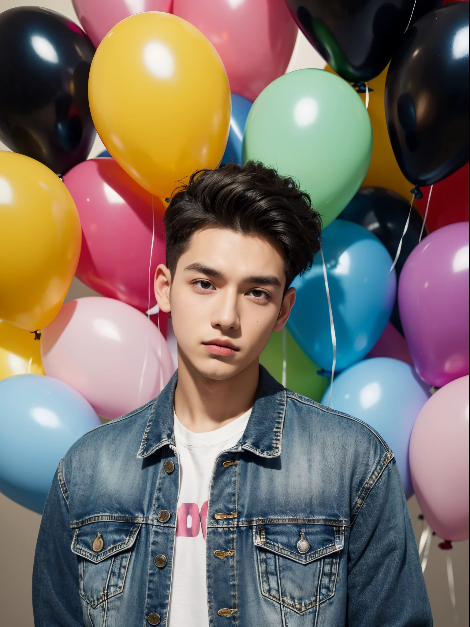 male, 20 year old boy, black eyes, slick back, denim jacket, half body photo, head facing the camera, colorful balloons in the background, street
