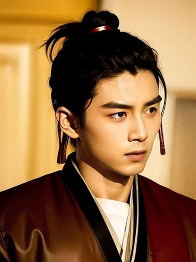 three kingdoms、Han people、Best Quality, 1boy, Solo, Asian, ((Upper body:1.3))、hair in bun、hair tied、hair adornments