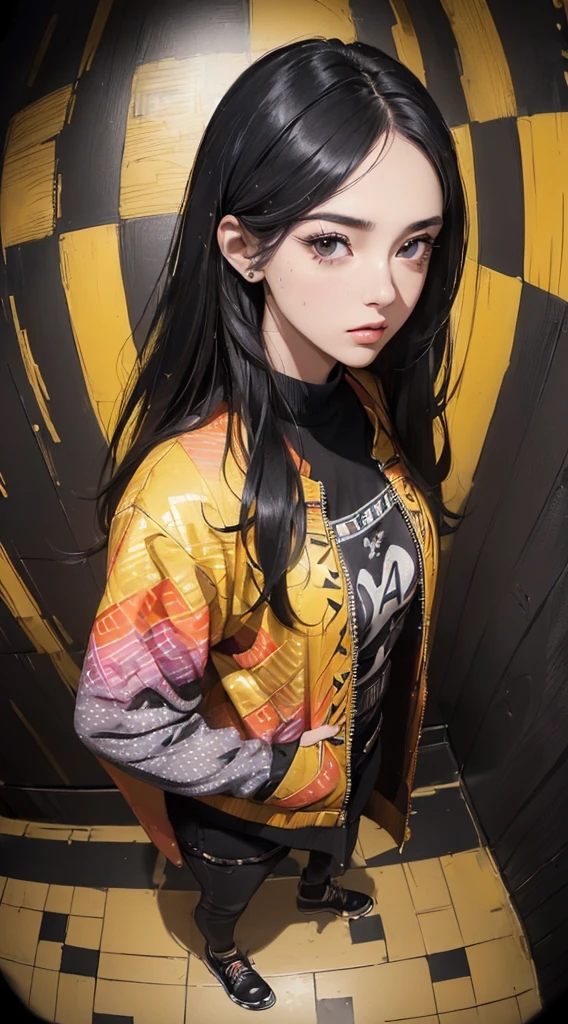 (((8k wallpaper of extremely detailed CG unit:1.2, masterpiece, hight resolution:1.2, top-quality:1.2, masutepiece))), ((a very beautiful woman, Hands in pockets:1.8, Grunge Fashion:1.2, Wearing a blouson:1.2, Wearing shoes)), ((extra detailed face, Highly detailed black eyes, extra detailed body, Top quality real texture skins)), (A dark-haired, length hair, de pele branca, Small), ((colorful geometric pattern wall, Colorful wall)), (high-angle:1.2, Fisheye:1.3), hyper realisitic, digitial painting,