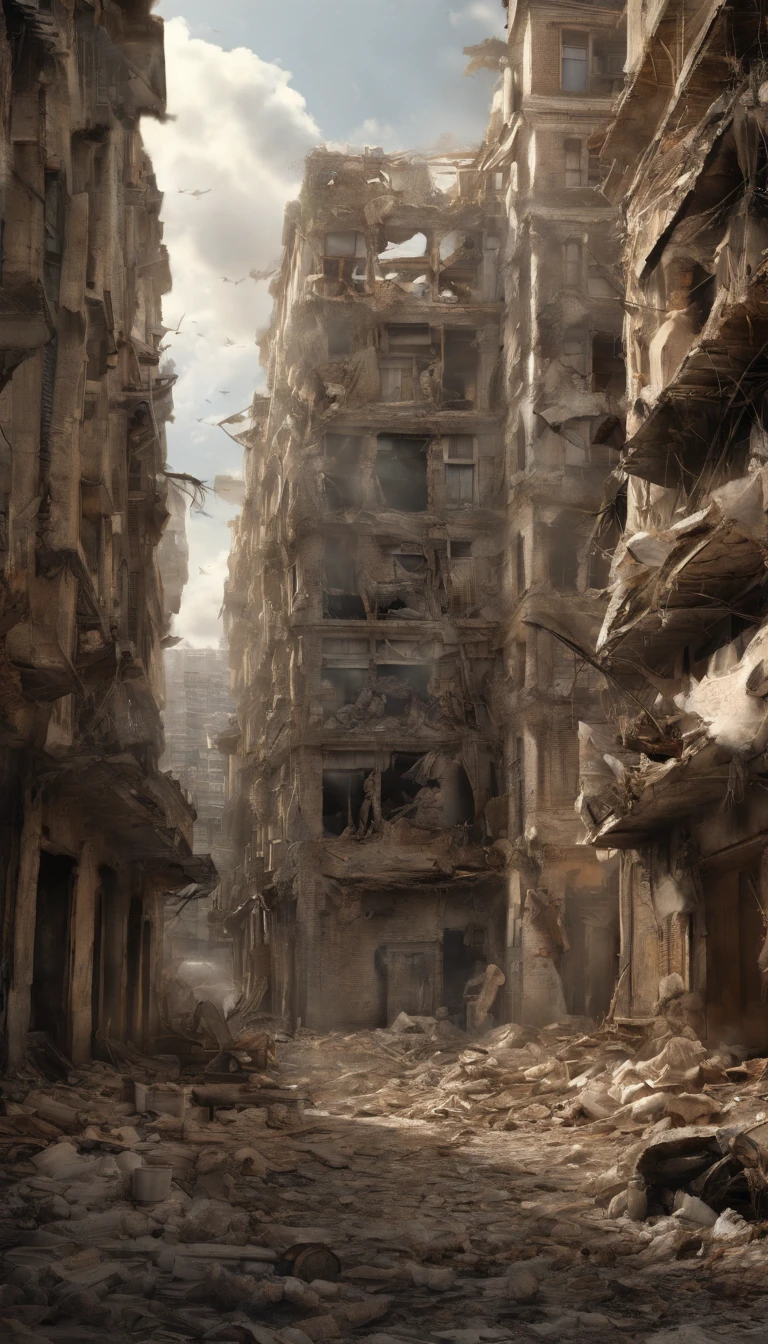 Portrait of a destroyed city, buildings turned into ruins, accurate image, Detailed pubic hair, 8K