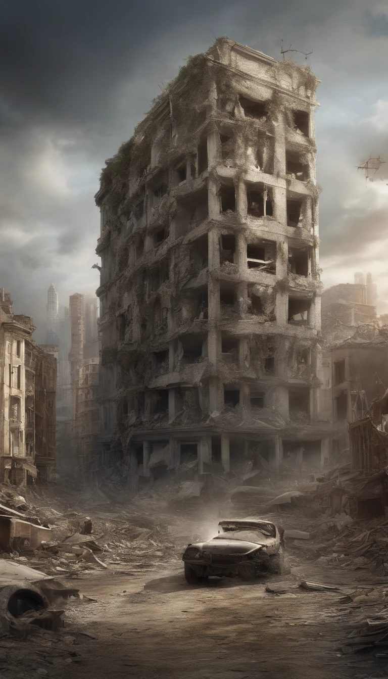 Portrait of a destroyed city, buildings turned into ruins, accurate image, Detailed pubic hair, 8K