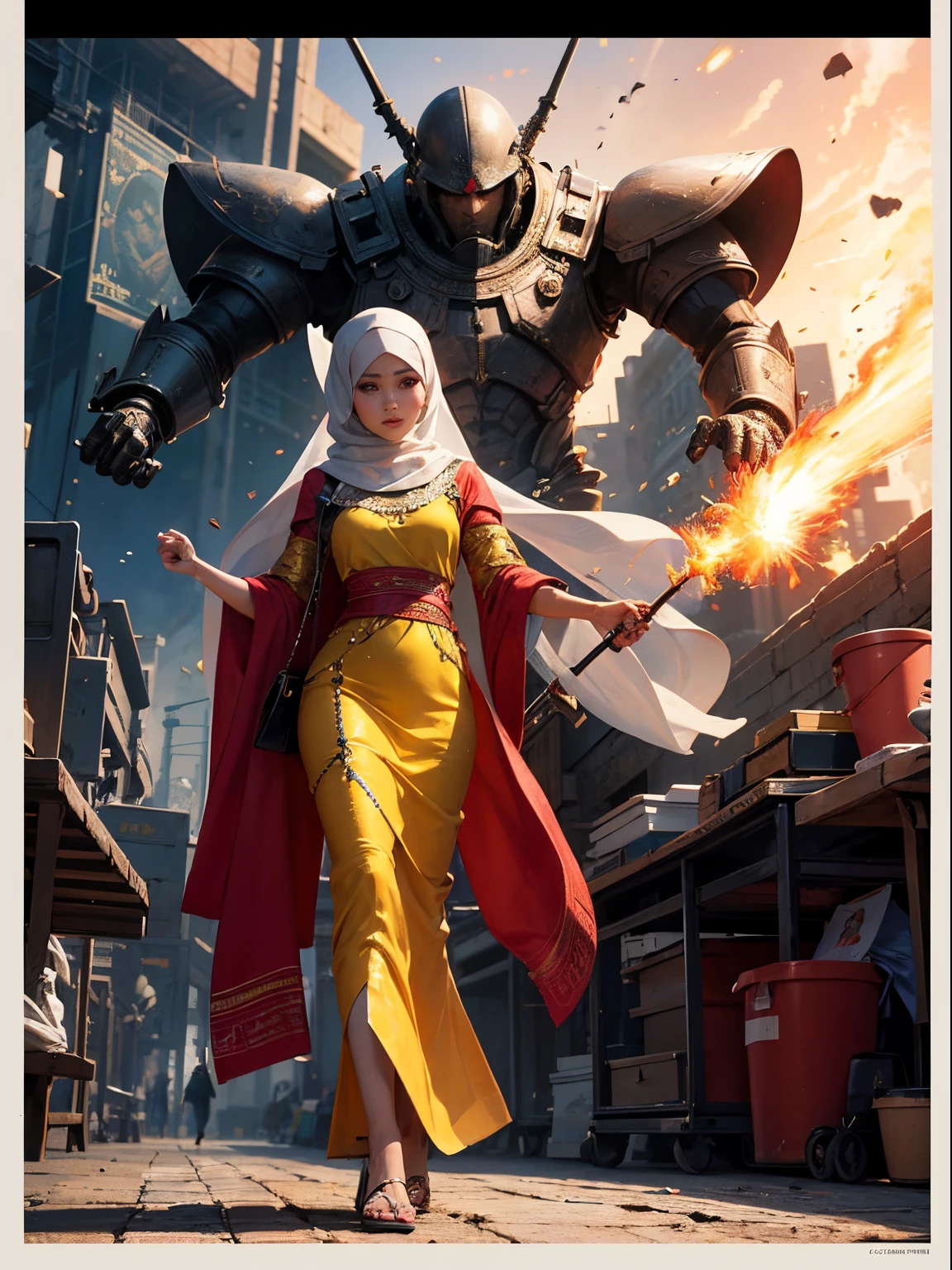 RAW, Best quality, high resolution, masterpiece: 1.3), beautiful Malay woman in hijab (iu:0.8)1beautiful Malay woman wearing baju kurung and hijab, flowing shawl,weapon in hand, sci-fi, explosions behind, movie poster,super realistic