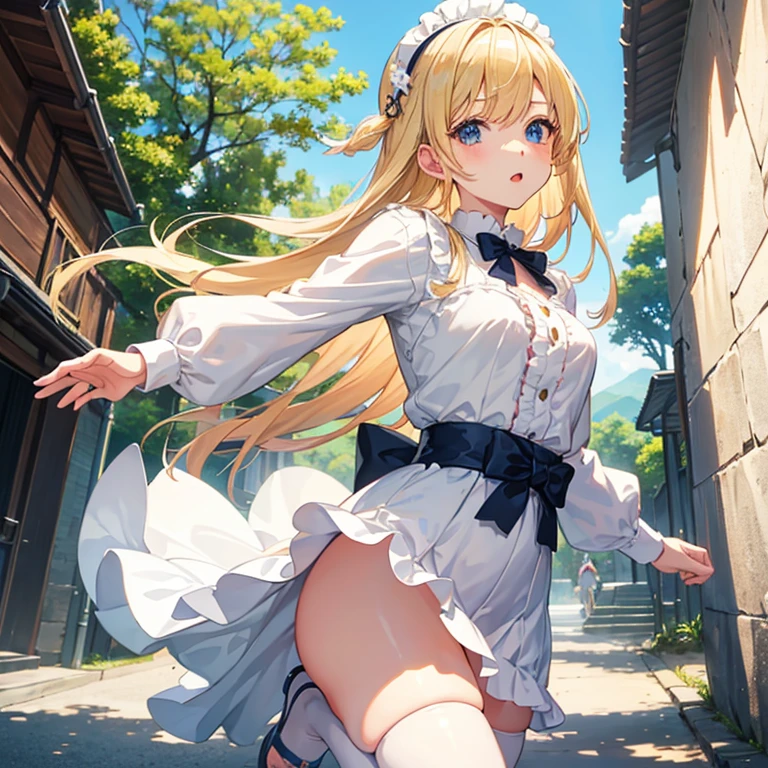 a blond、Skip、girl with、From head to toe、animesque、Start running、Angle from below、ta、Fluffy clothes、kawaii、The character is facing forward.、arch your waist back