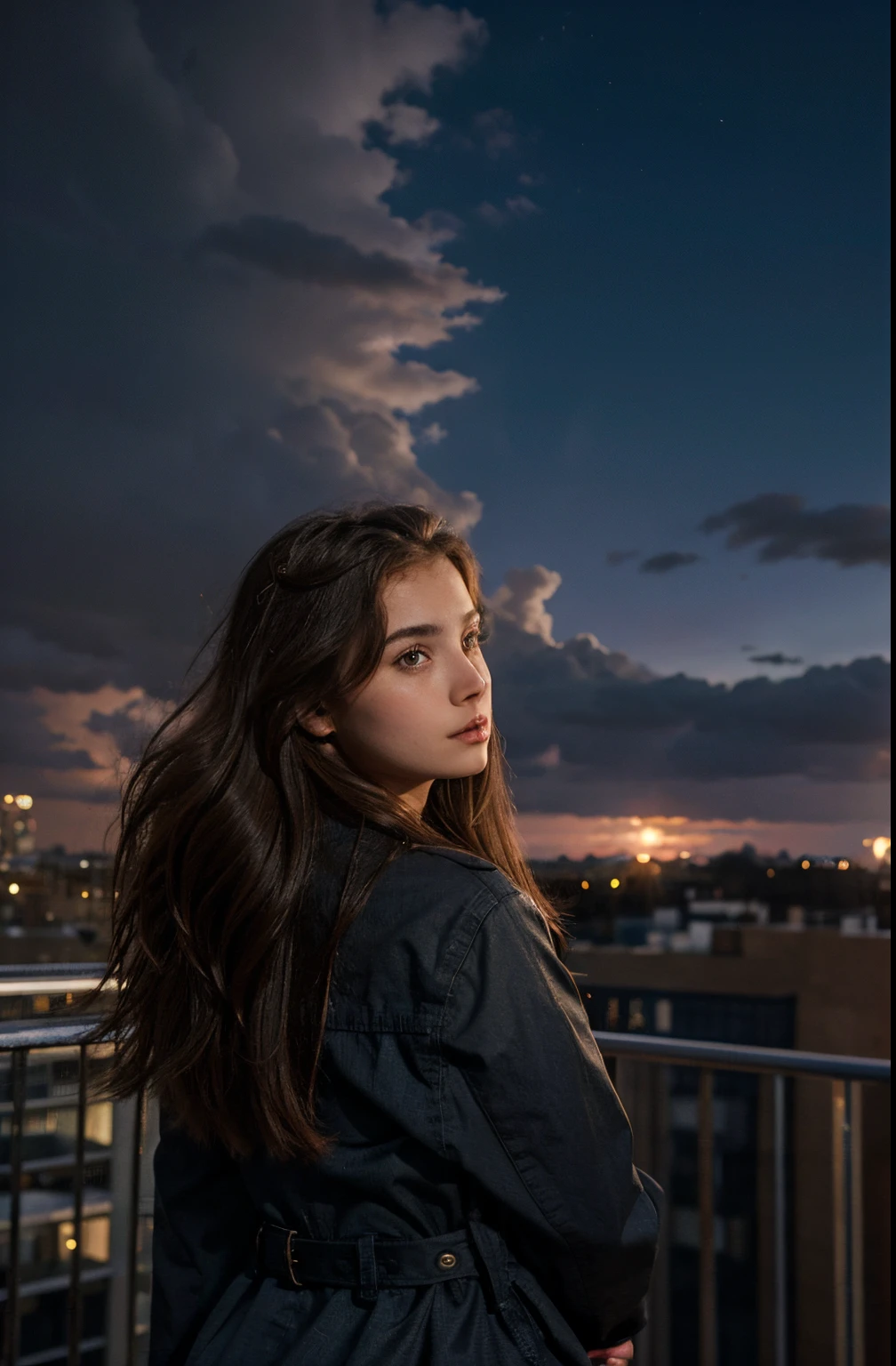 A girl with the beautiful hairs and with wearing adress looking towards the sky with the hyper realistic atmosphere and the camera angle form towards the back