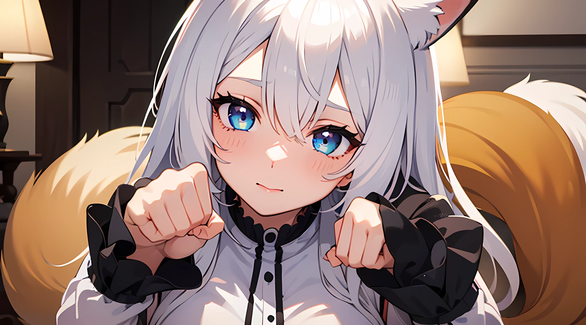 (1 girl with fox ears and fox tail) a close up waifu doing a paw pose on living room, big breast, white dress, short skirt, white hair, (full body:0.6), blushed face, gothic style, pixiv contest winner, best anime artstyle, extremely detailed eyes, beautiful eyes finely detailed, face to detail, 4k illustration